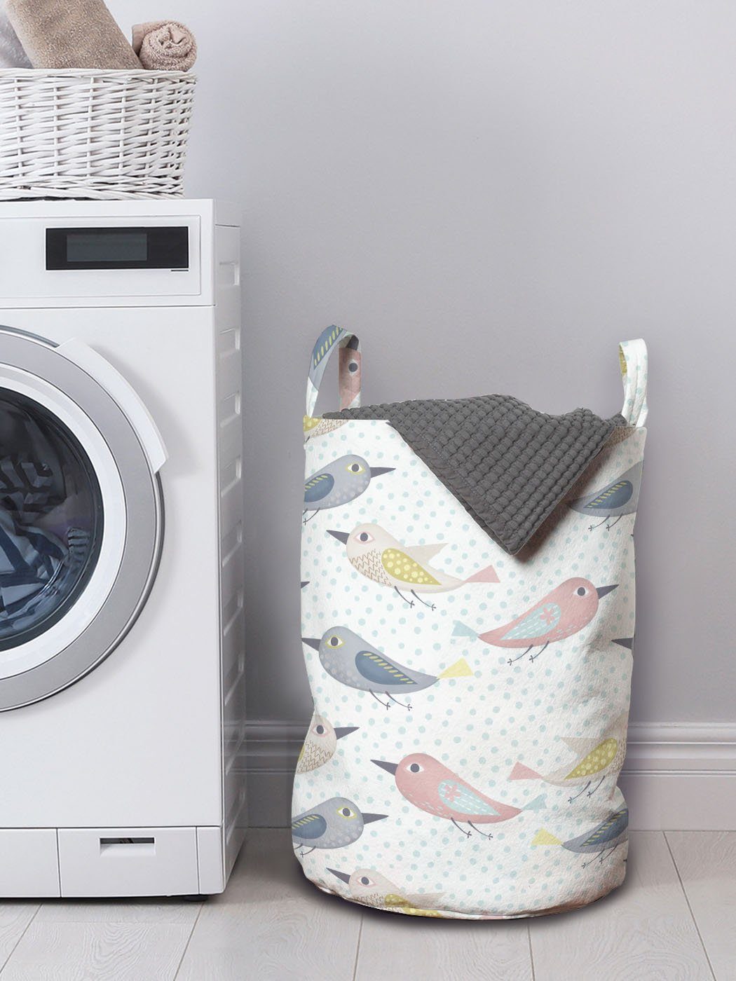 Kordelzugverschluss für Wäschekorb mit Pastel Waschsalons, Abakuhaus Punktmuster Wäschesäckchen Griffen Repetitive Vögel