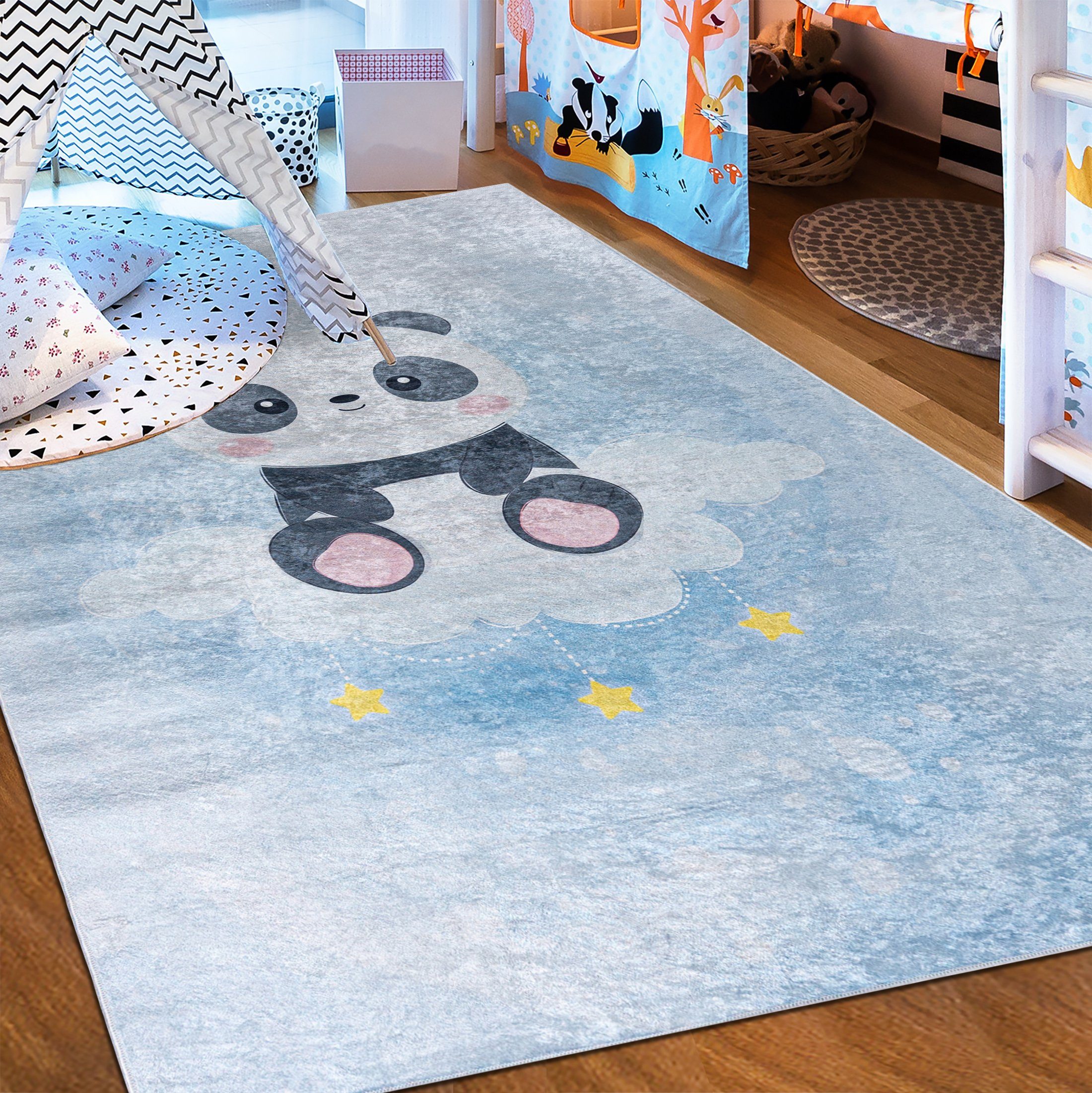 Kinderteppich Kinderteppich Kinderzimmerteppich Panda, Mazovia, 80 x 150 cm, Kurflor, Waschbar in Waschmaschine, Höhe 5 mm, Rutschfest Blau Grau / 2776