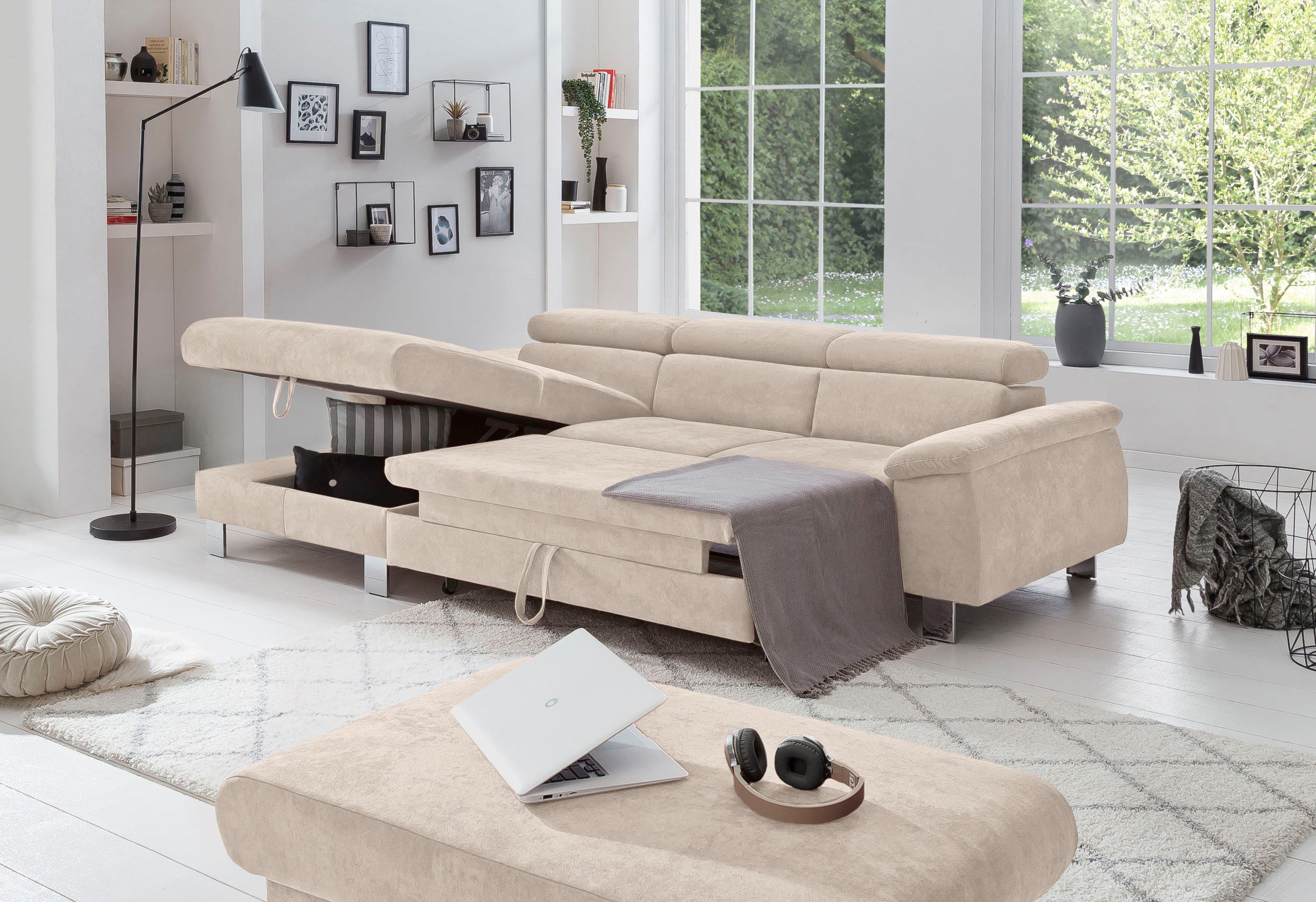 COTTA Ecksofa Komaris L-Form, B: 244 cm, mit Kopfteilverstellung, optional Bettfunktion, Bettkasten & Licht