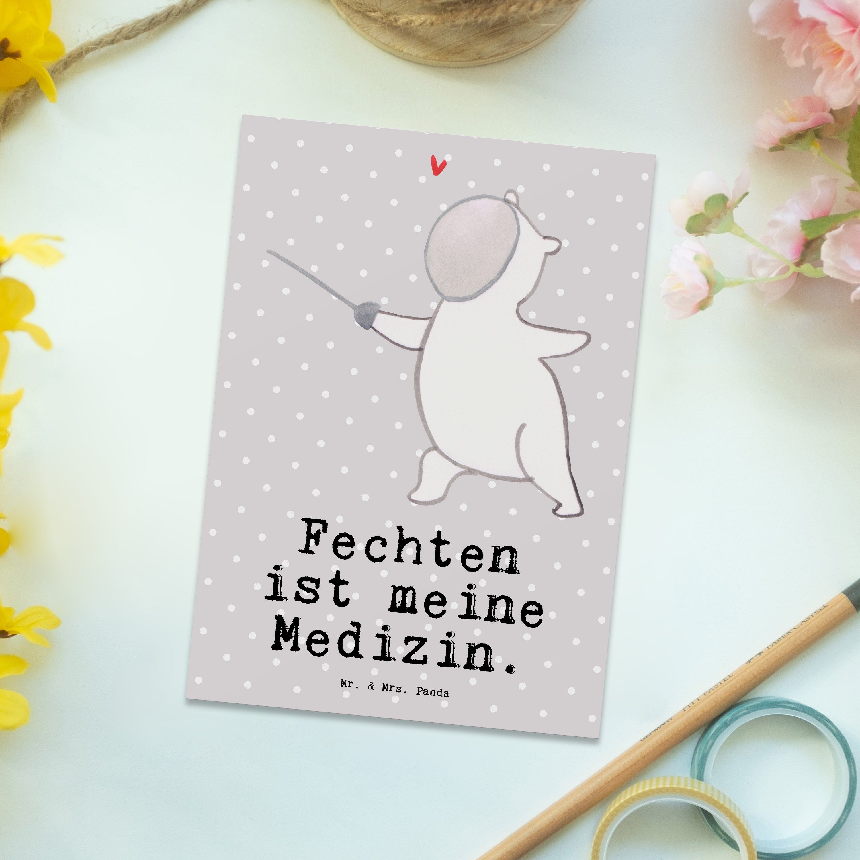 Fechten Medizin Postkarte - & Sportler Grau Panda Mr. - Schenken, Panda Mrs. Geschenk, Pastell