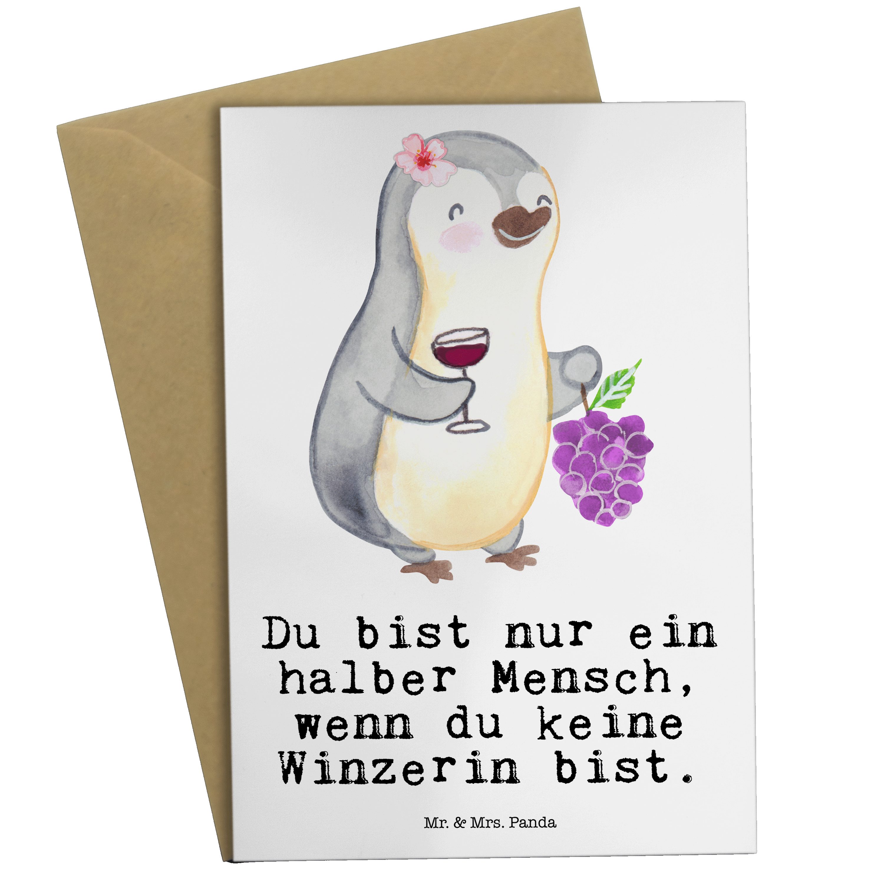 Mr. & Mrs. Panda Grußkarte Winzerin mit Herz - Weiß - Geschenk, Klappkarte, Einladungskarte, Hoc