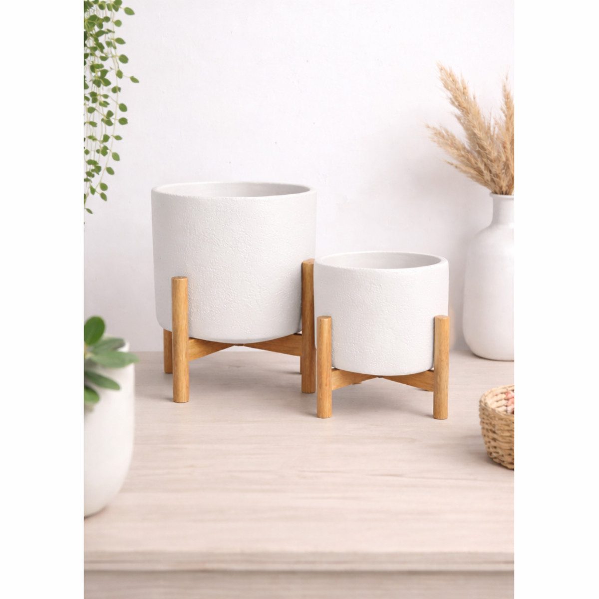COFI 1453 Blumentopf Set 2er Weiß mit Holzständer Pflanzgefäße modern (2 St) – Bild 2 von 2