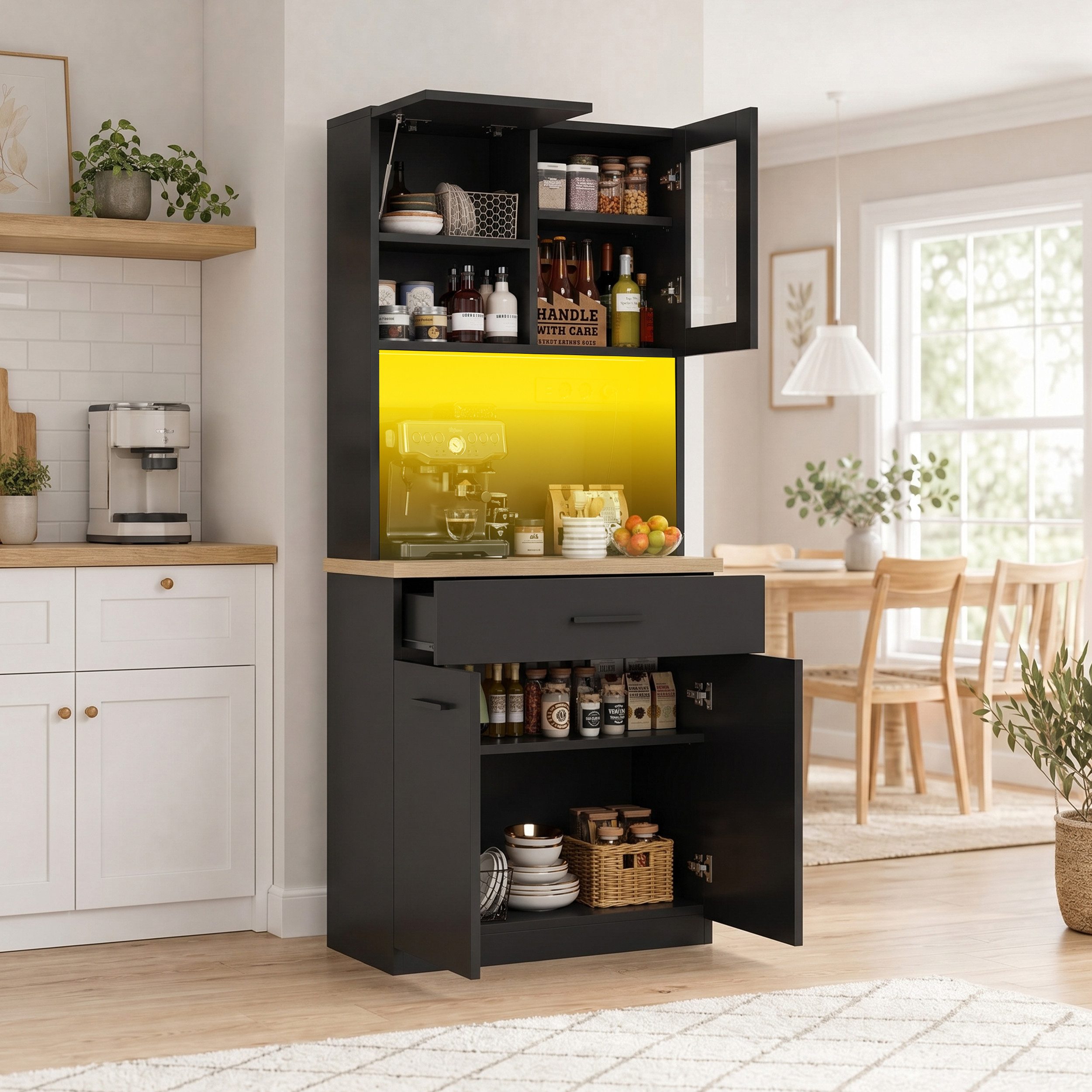 HOMALL Küchenbuffet Hohe Schränke, Küchenzeilen, Sideboards, mit LED-Beleuchtung (Maße: 80/100 × 40 × 182 cm, mit 3 Schubladen + 3 Schranktüren + 1 offenem Staufach und Arbeitsplatte, 2 Steckdosen + 2 USB-Anschlüssen, mit verstellbaren Einlegeböden)