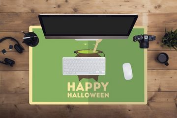 MuchoWow Gaming Mauspad Happy Halloween" und ein Hexenkessel und Knochen auf grünem (1-St), Büro für Tastatur und Maus, Mousepad Gaming, 90x60 cm, XXL, Großes