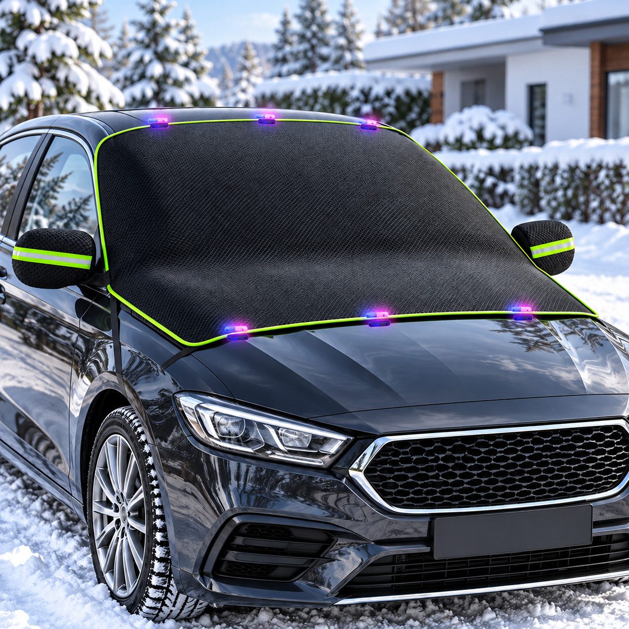 Vornix Frontscheibenabdeckung Auto Winter mit 10 Magneten & 6 Befestigungsgurten, (Frostschutz Scheibenabdeckung mit Spiegelabdeckung, Reflexstreifen, ca. 304 × 145 cm)