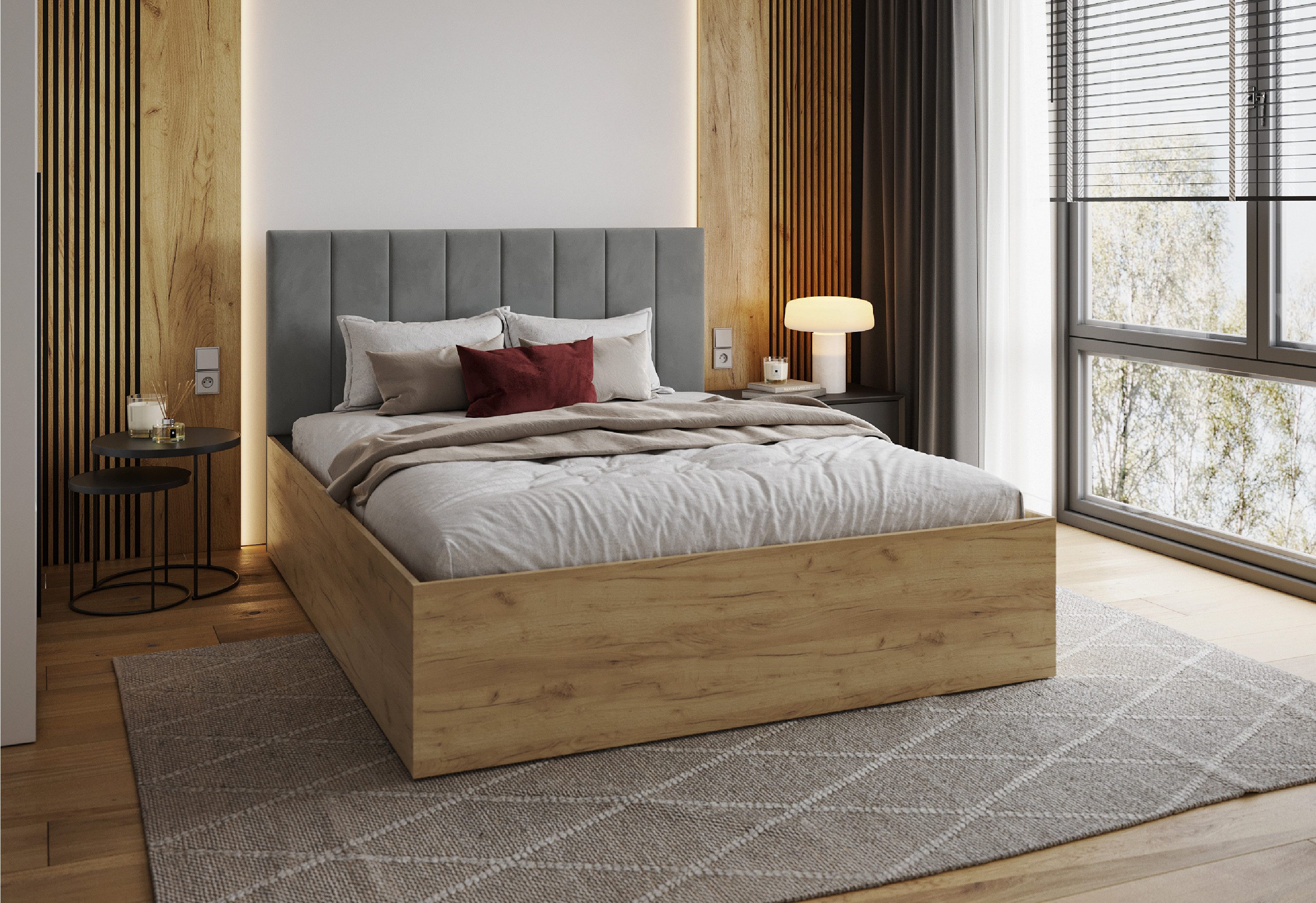 FDM Polsterbett PUERTO kiefer modern mit Bettkasten MADE IN EU - mit Velours Bezug (verfügbar 90x200 120x200 140x200 160x200 180x200cm, Bettrahmen, Bett, mit großen gepolsterten Kopfteil, mit Bettkasten zum aufklappen), Hebbarer Metallrahmen, Bettkasten, mit/ohne Matratze