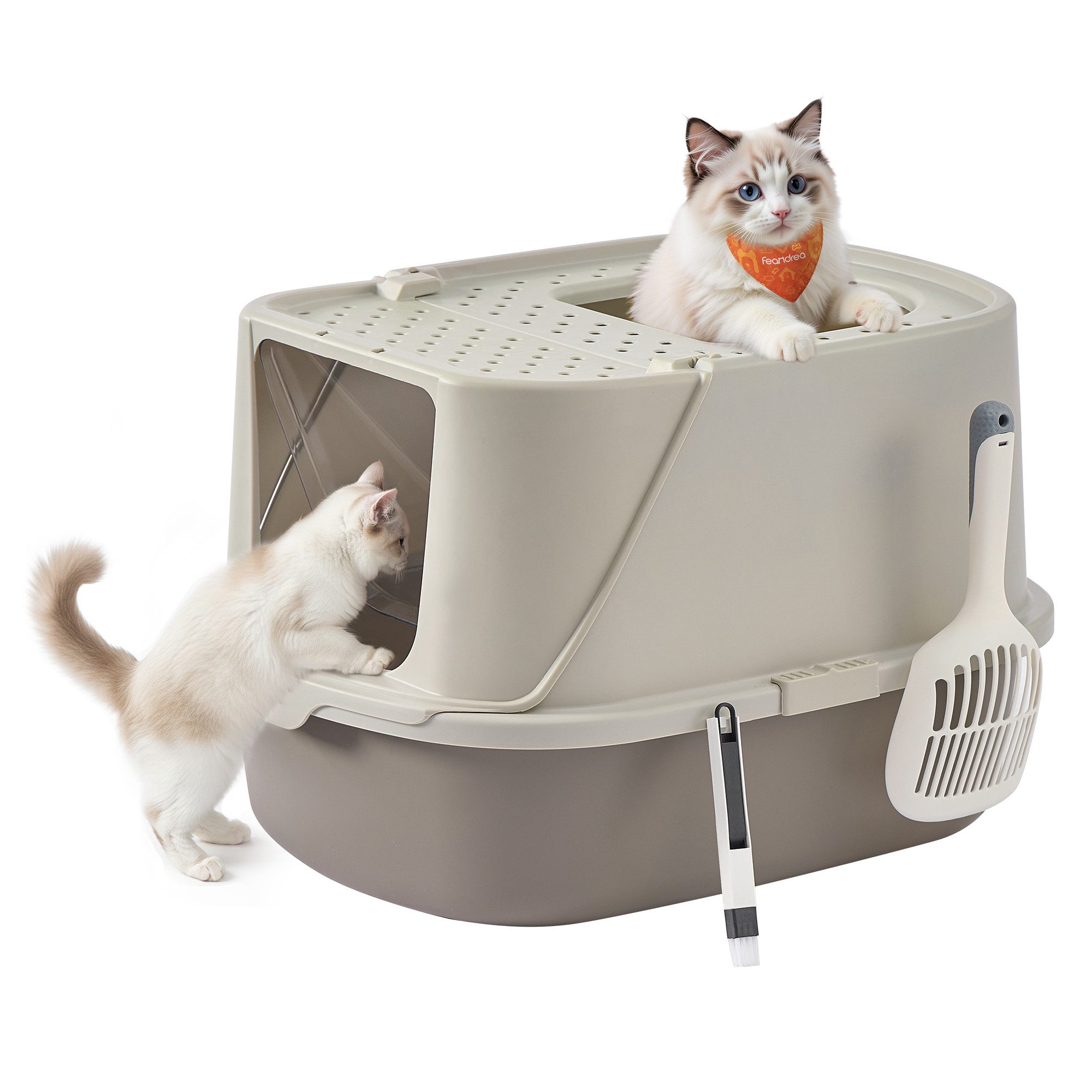 FEANDREA Katzentoilette Katzenklo groß XXL, für Katzen bis 15 kg, Katzentoilette mit Deckel, mit Schaufel und Bürste