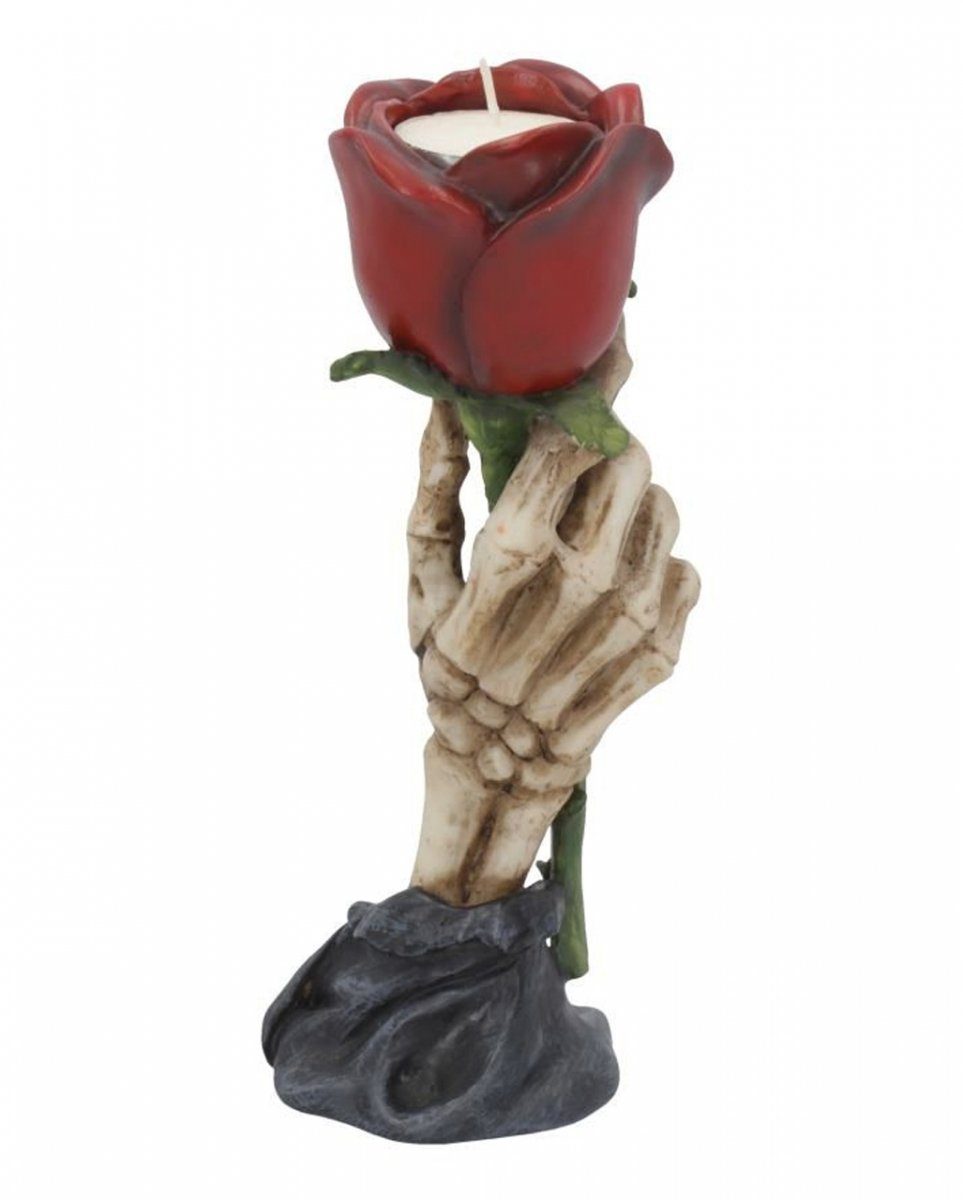 Horror-Shop Kerzenständer Romantischer Skeletthand Teelichthalter mit Rose a