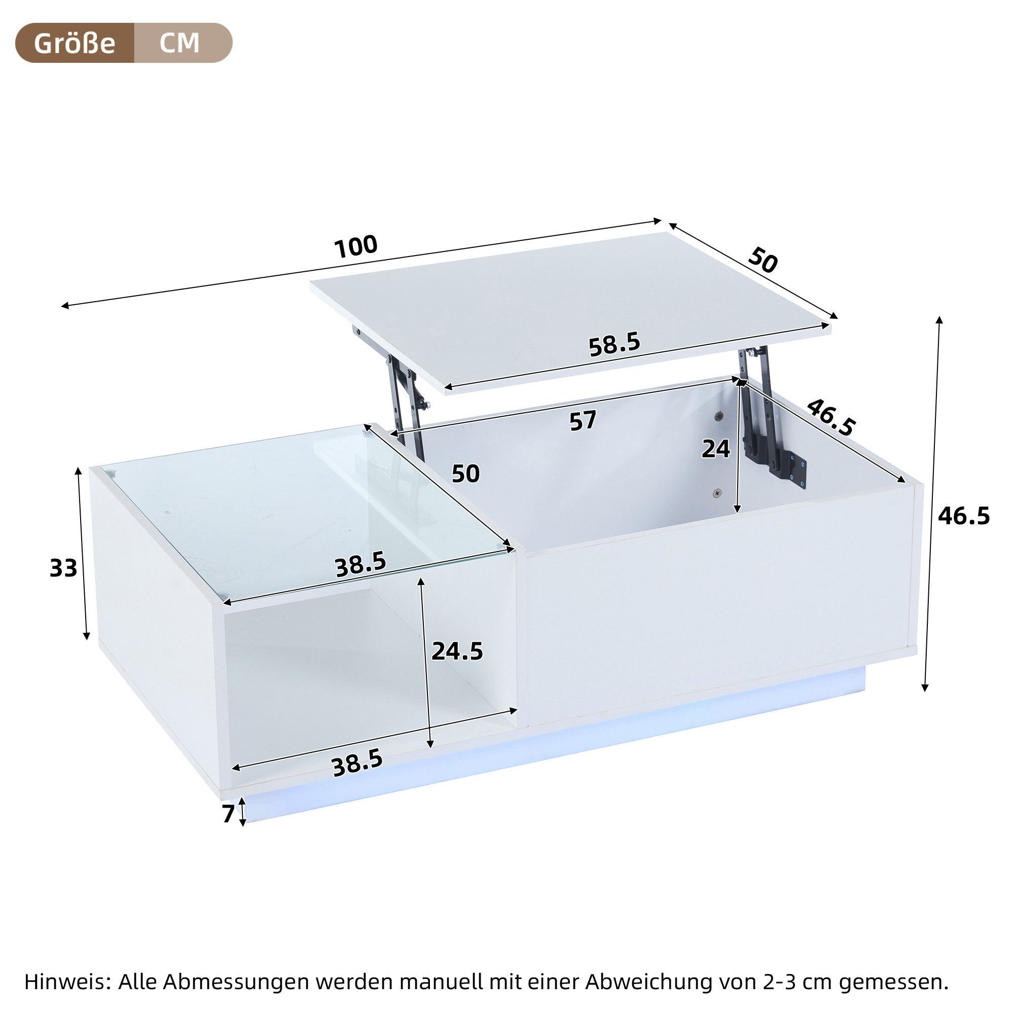 KLAM HOME Couchtisch Höhenverstellbarer Hochglanz-LED-Couchtisch Weiß 100×50 cm (LED Wohnzimmertisch mit verstecktem Stauraum & offener Ablage), Kaffeetisch mit App-gesteuerter RGB-LED & Gasdruckfeder