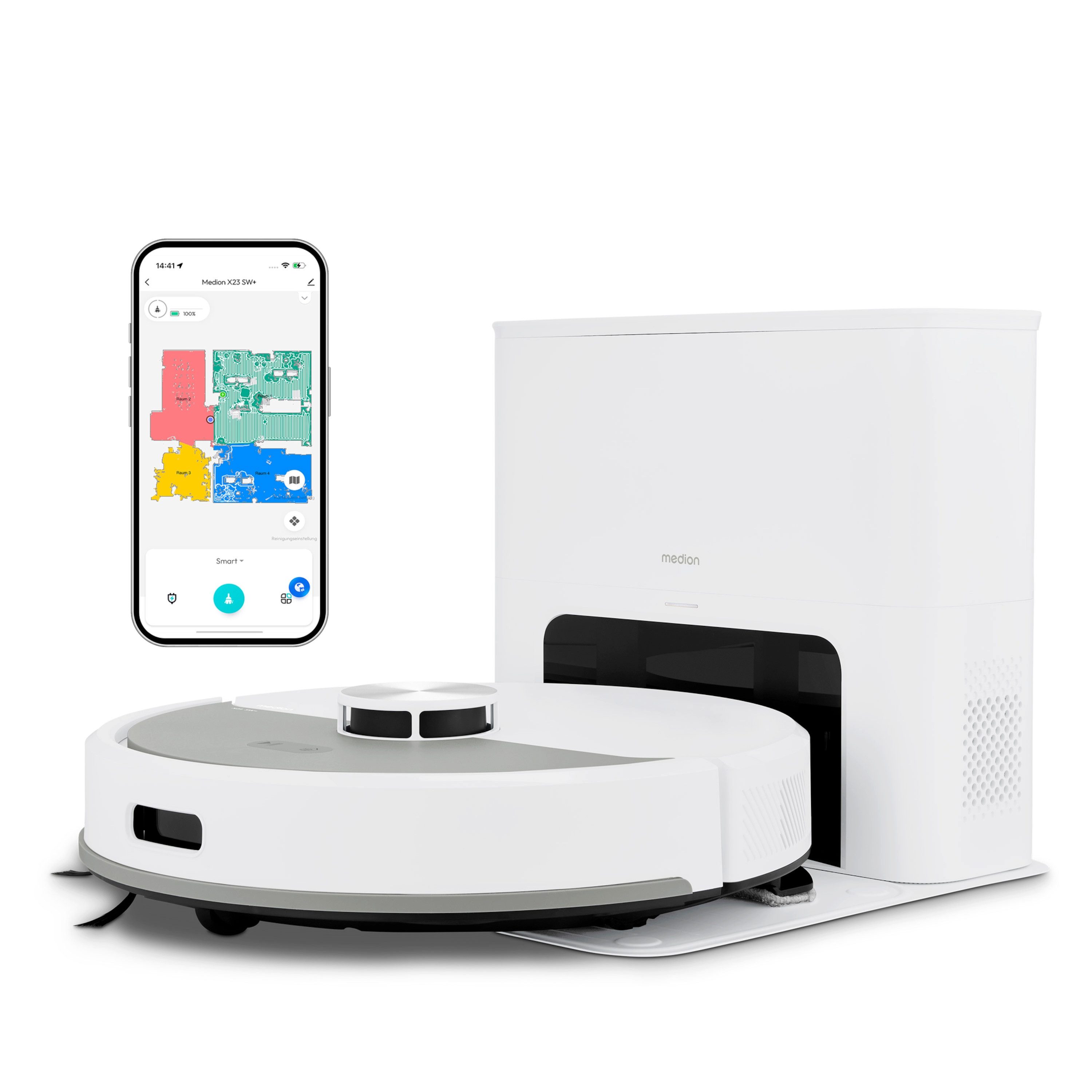 Medion® Saugroboter Smarter Saugroboter mit Wischfunktion und Absaugstation X23 SW+, beutellos, X23SW+