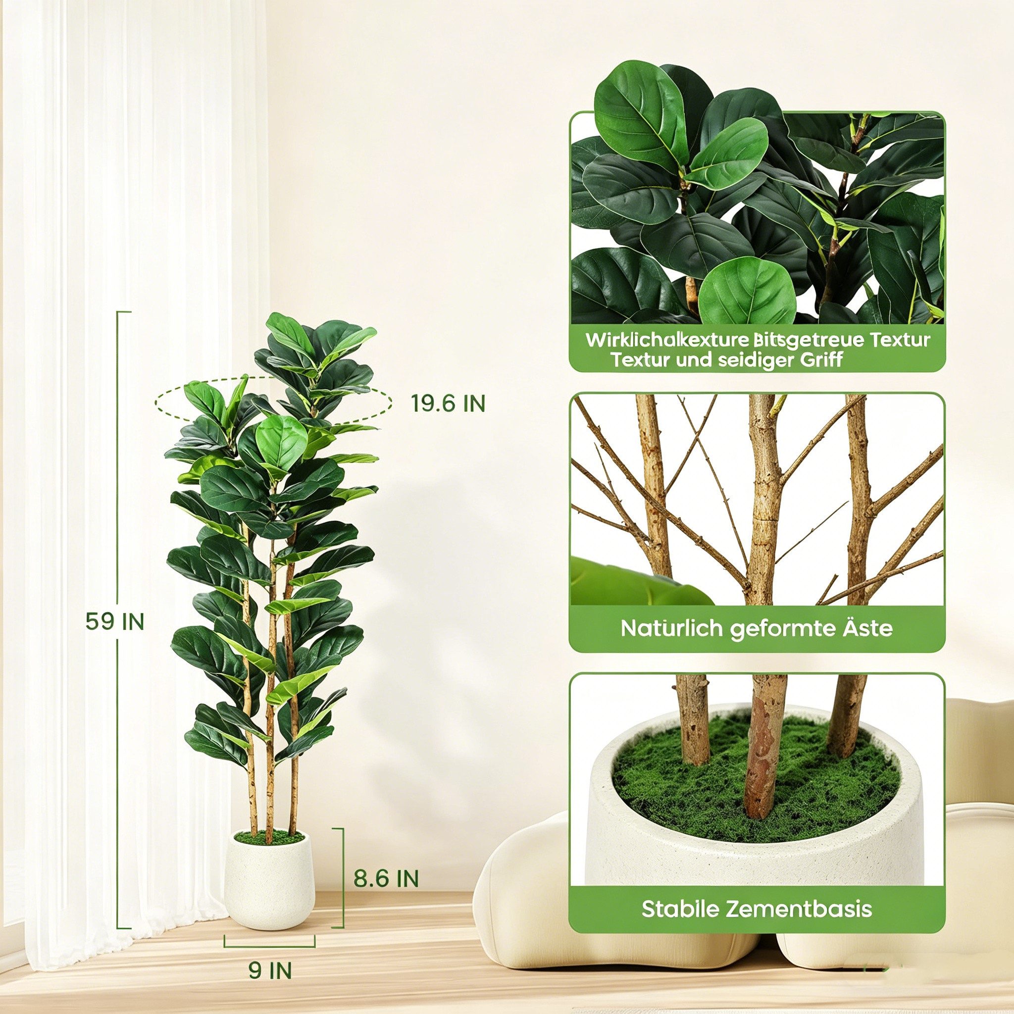 GarveeMore Kübelpflanzen Faux Fiddle Leaf Feigenbaum mit weißem Topf,Faux Bäume mit künstlichen