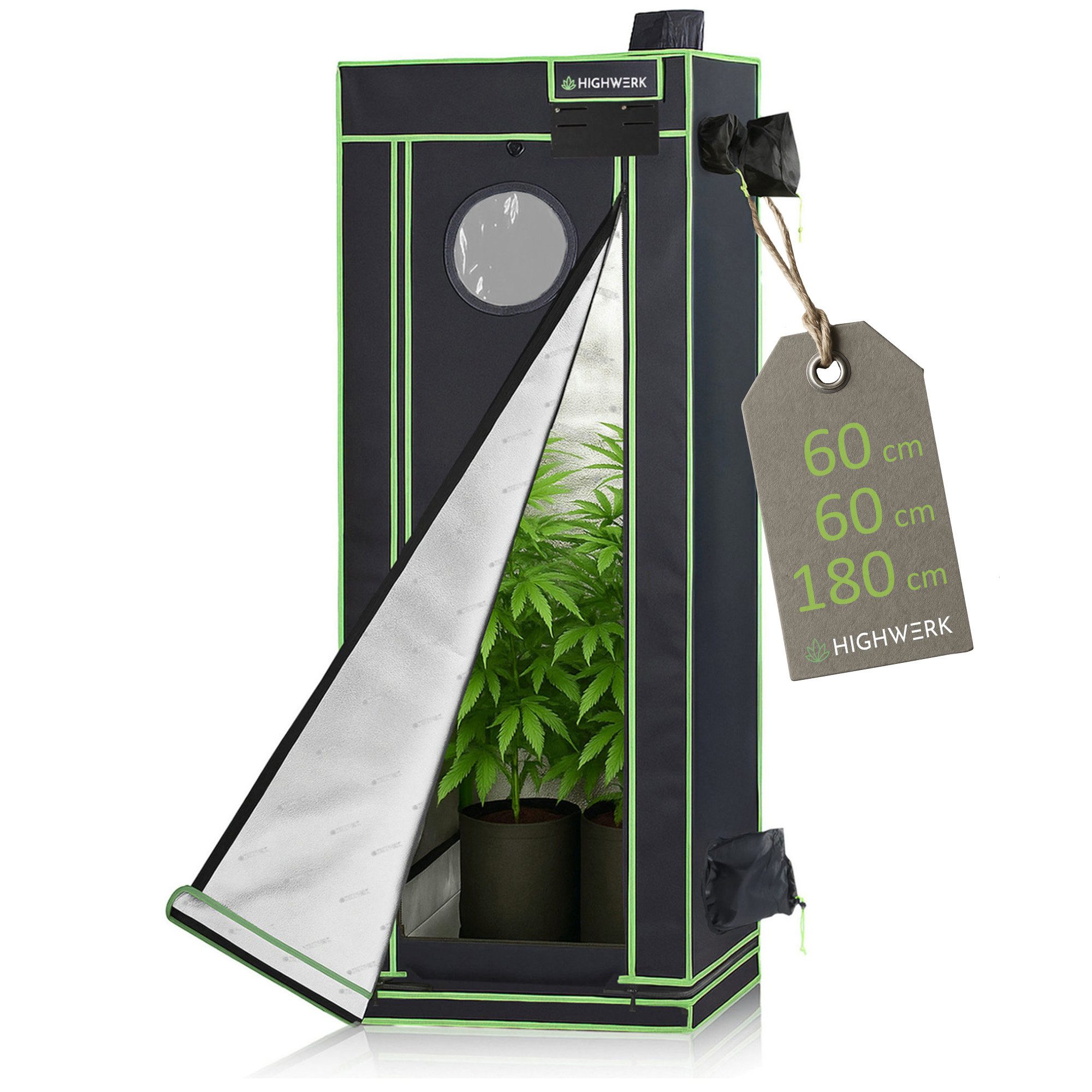 HIGHWERK Gewächshaus Growzelt 60 x 60 x 180 cm, Indoor Grow tent, schwarz grün