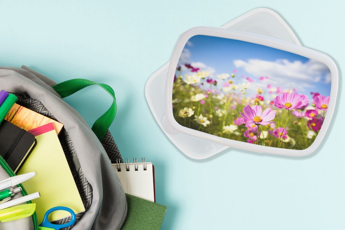 (2-tlg), Blau, Brotbox Lunchbox Wolken Mädchen - - - Blumen Gras Weiß Brotdose, Jungs für - Kunststoff, für Wiese und Erwachsene, - MuchoWow und - Kinder Lila