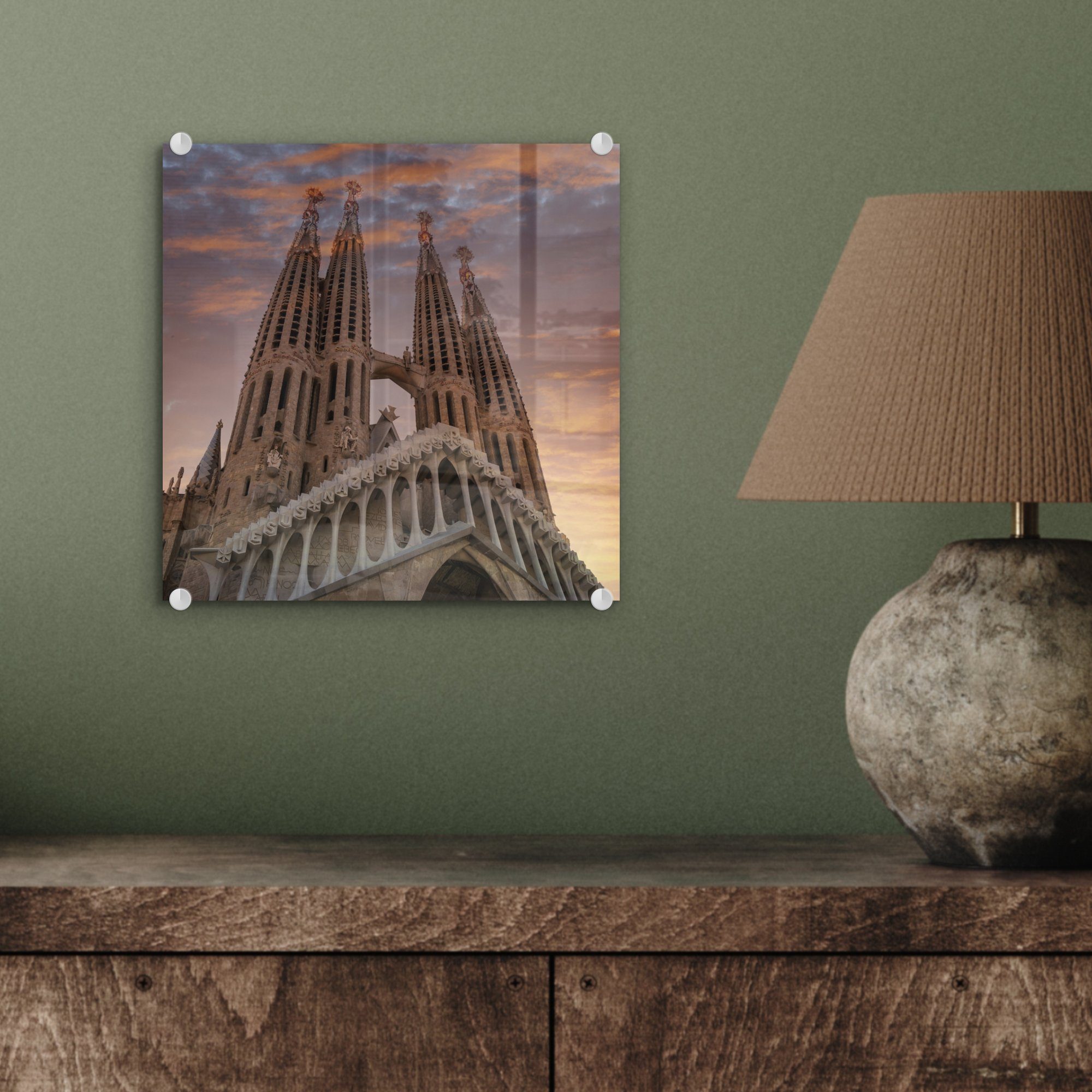 Foto Glasbilder St), in Sagrada - (1 Bilder Glas Sonnenuntergang, Familia Wanddekoration Acrylglasbild bei Die MuchoWow - Kathedrale - Glas auf auf Barcelona Wandbild