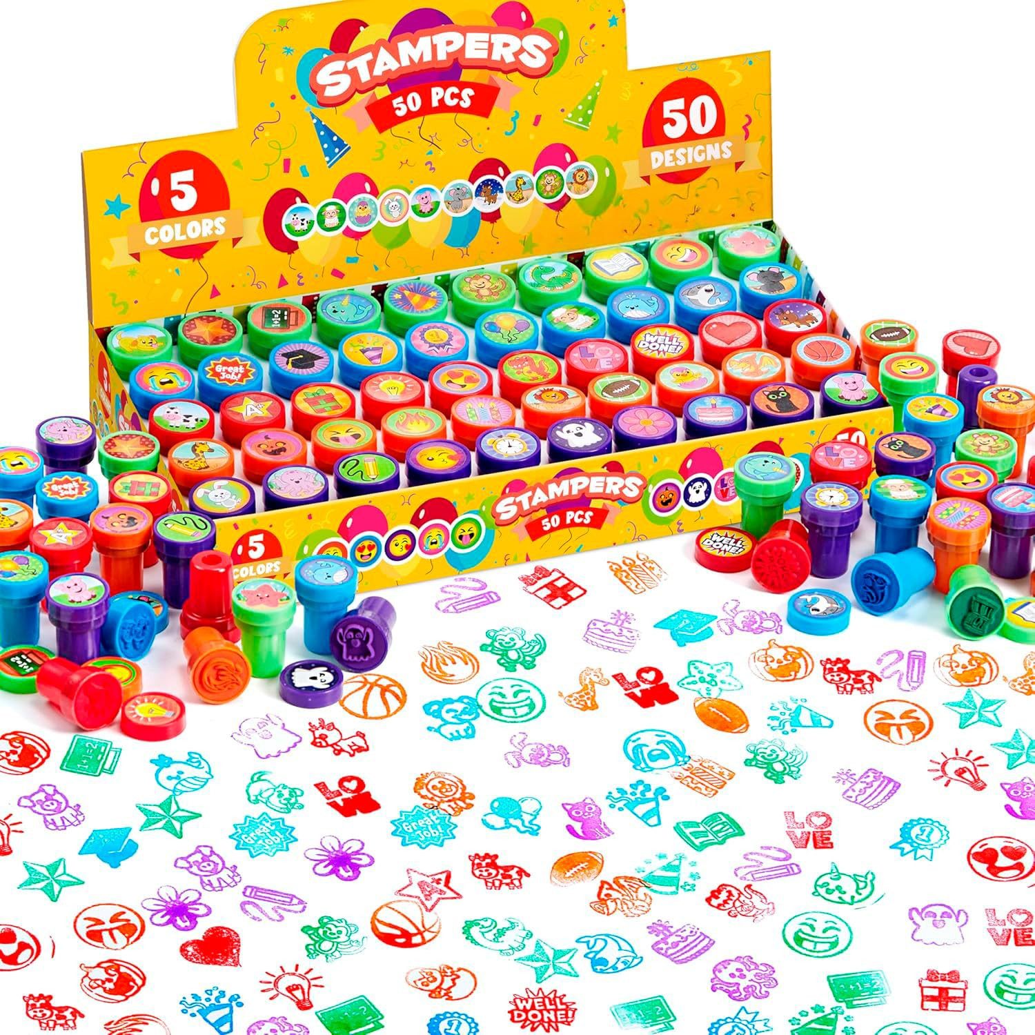 JOYIN Stempel JOYIN 50 Mini-Stempel, 5 Farben, 50 Motive, für Kinder ab 2 J.