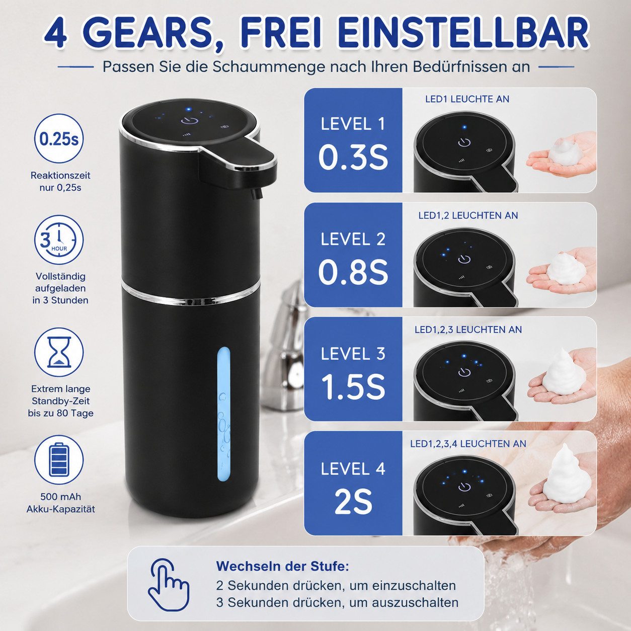 ARCASA Seifenspender Seifenspender Automatischer Schaumseifenspender 400ml USB-C Sensor, (Schaumseifenspender Set kontaktlos mit Klebepad und Akku für innen, Se – Bild 4 von 5