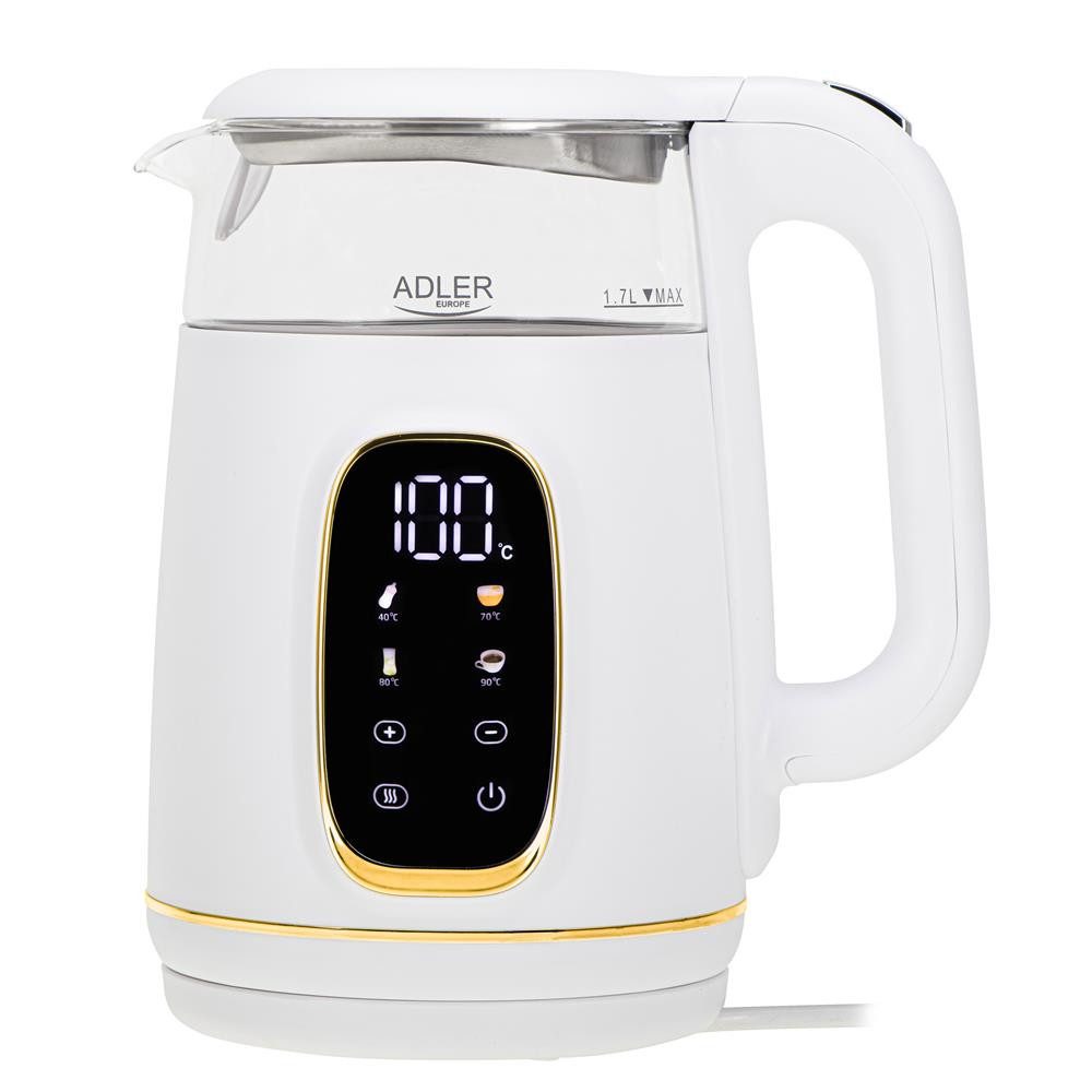 Adler Wasserkocher AD 1305, Glas, mit LED Anzeige, Temperaturregelung, 1,7L, weiß, gold