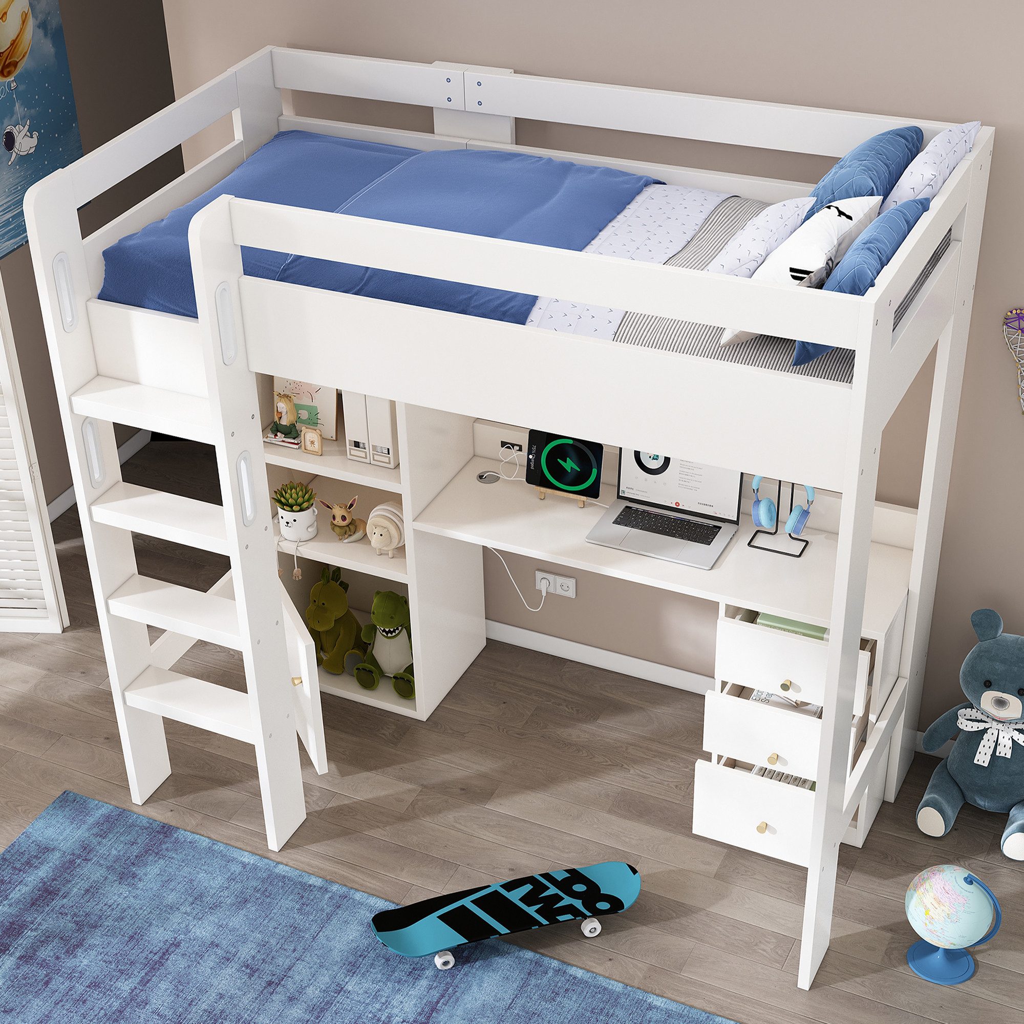 OKWISH Hochbett mit Treppe und Lattenrost (Kinderbtt, Etagenbett, Einzelbett, 1-St., 90×200cm, Ohne Matratze) mit USB-C, Schreibtisch, Aktenschrank, Schubladen