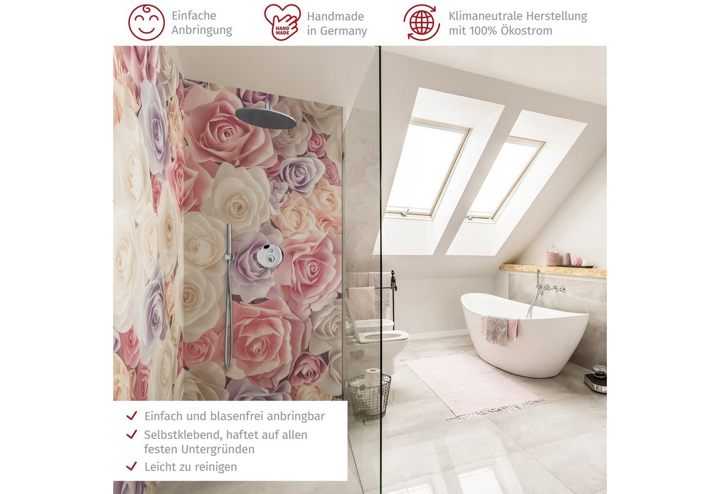 Thumbnail - Bilderdepot24 Badrückwand Fliesen Blumen pastell Duschrückwand ohne Bohren Dusche, (2-tlg., Hart-Folie Premium matt 0,61...