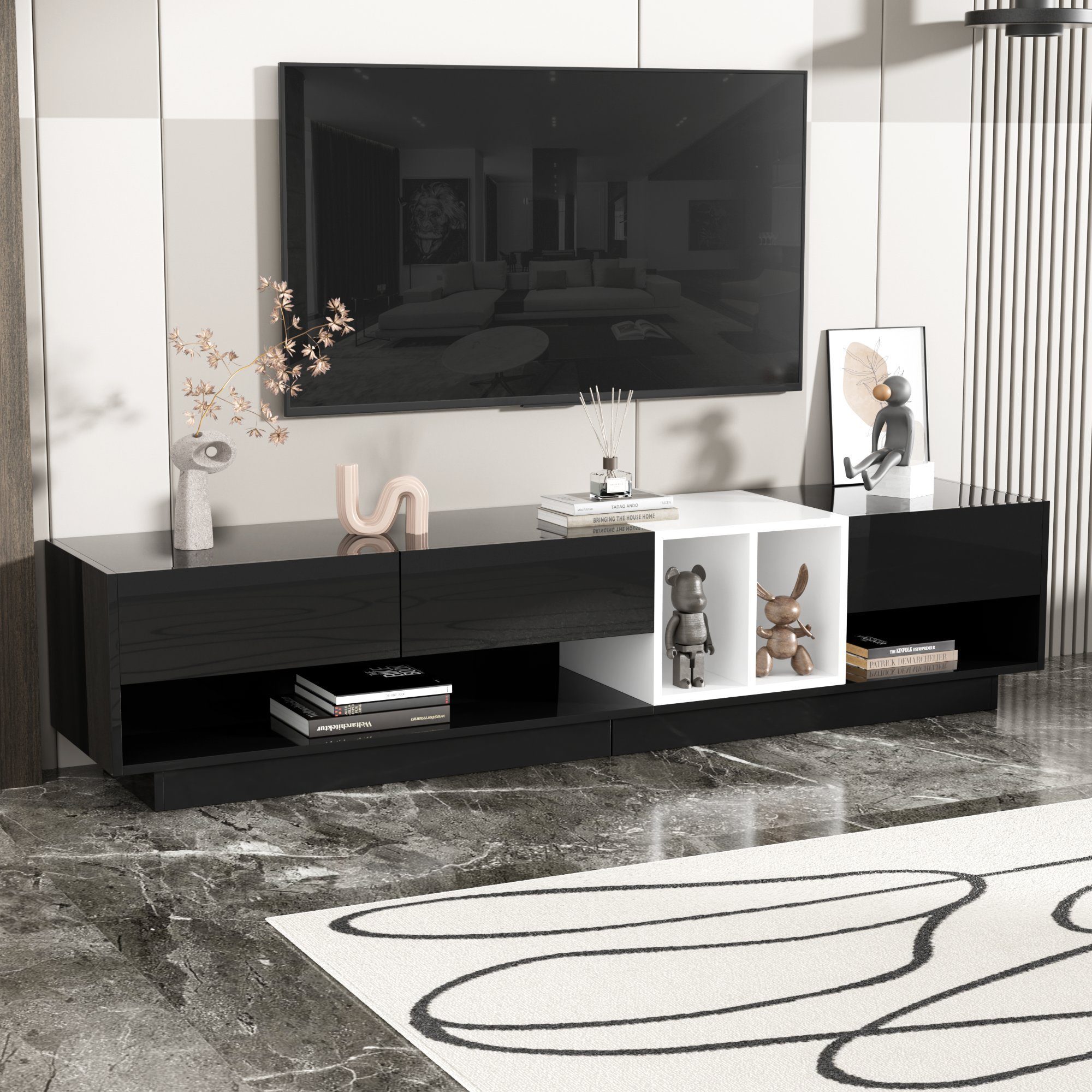 Mobile TV Moderno Con Effetto Marmo - 200x40x42 Cm, Per TV Fino A 90 Pollici, 3 Cassetti