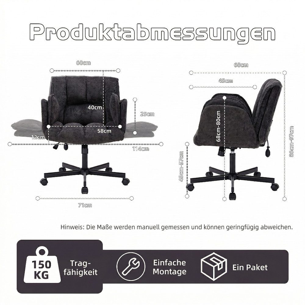 Leawin Drehstuhl Bürostuhl ergonomisch mit Rollen & klappbaren Armlehnen, Breiter Schreibtischstuhl mit Air-Lordosenstütze, 150 kg