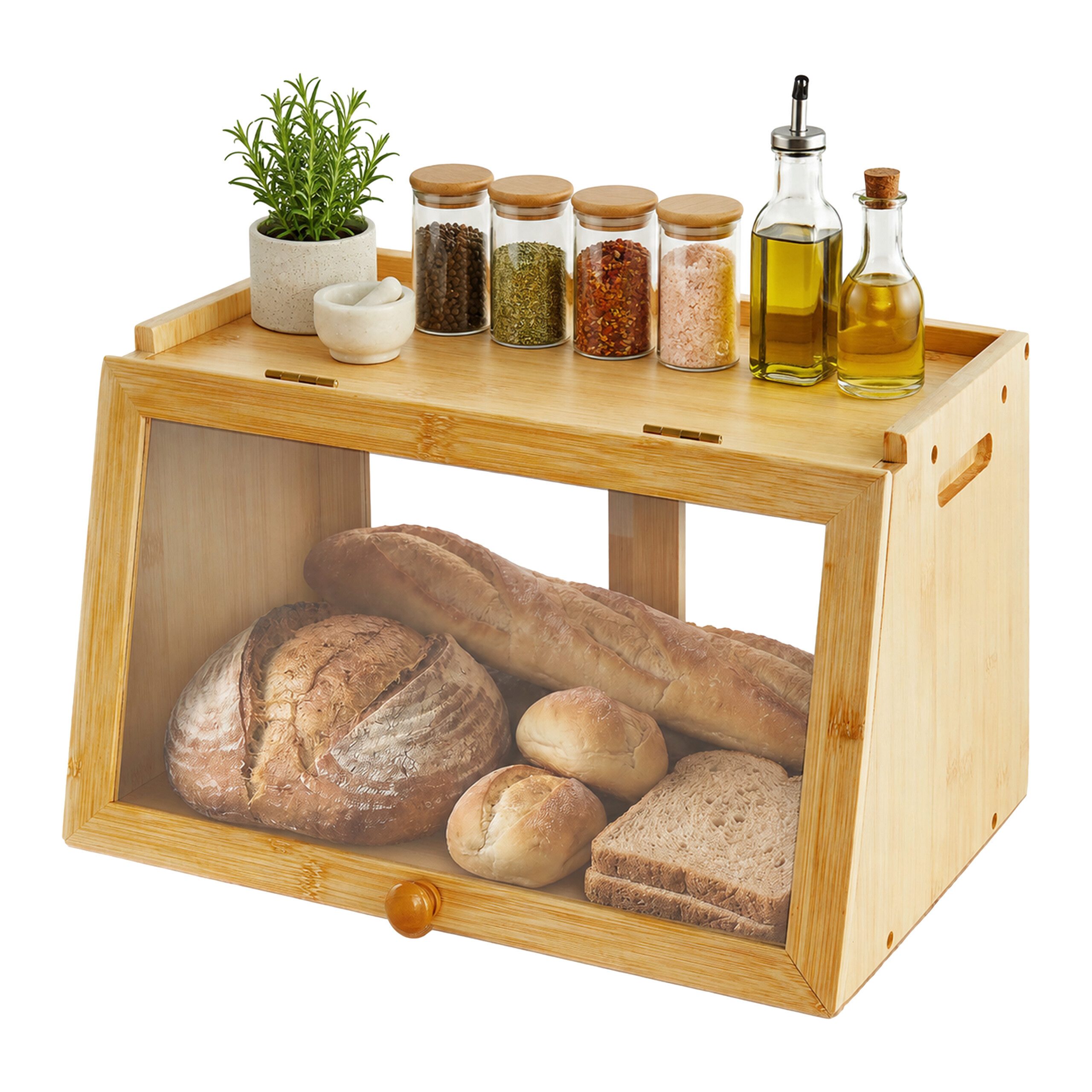 relaxdays Brotkasten Bambus Klappe & Schiebetür, Kunststoff, (1-tlg), natur