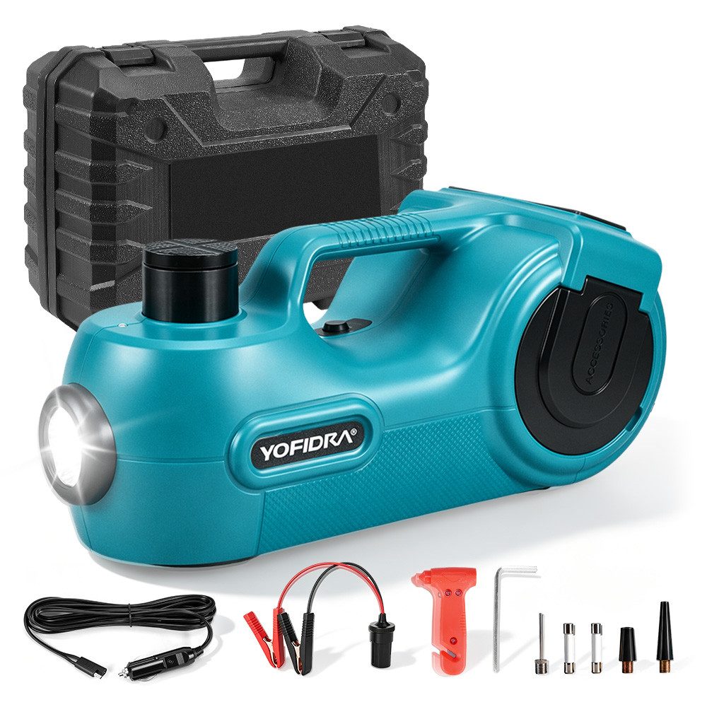 Yofidra Wagenheber Elektrischer Hydraulik-Wagenheber 5T mit Luftpumpe, max. Hubhöhe: 53 cm, 1-tlg., Multifunktionales Auto Notfall-Set mit LED-Licht für PKW, SUV und LKW