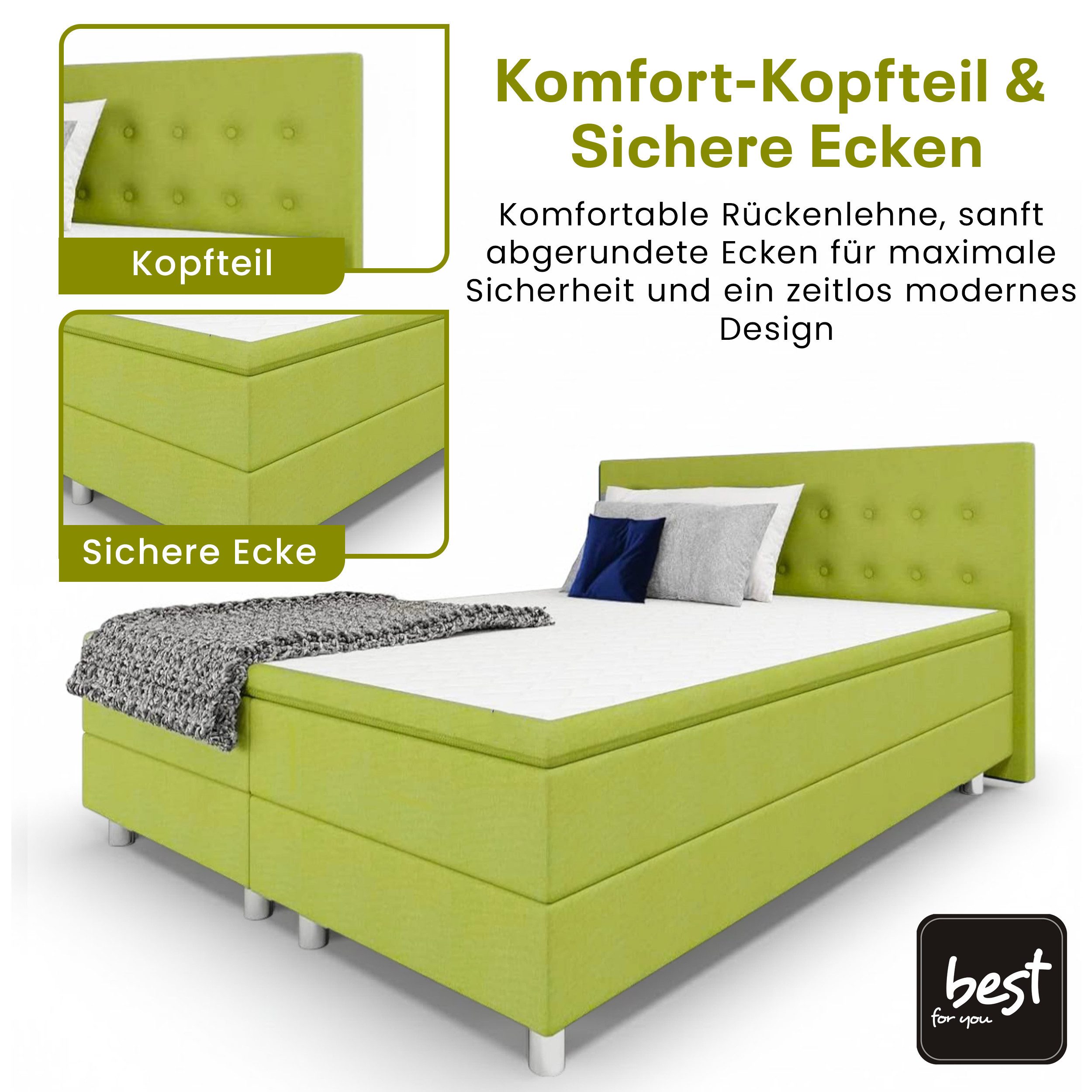 Best for Home Boxspringbett mit gepolstertem Kopfteil, komfortabler Bonnell-Matratze & 5 cm Topper (Boxspringbett-Set mit Matratze und Topper, 1-St., 90x200 120x200 140x200 160x200 180x200 200x200), Handwerksqualität,TOP Preis-Leistungs-Verhältnis