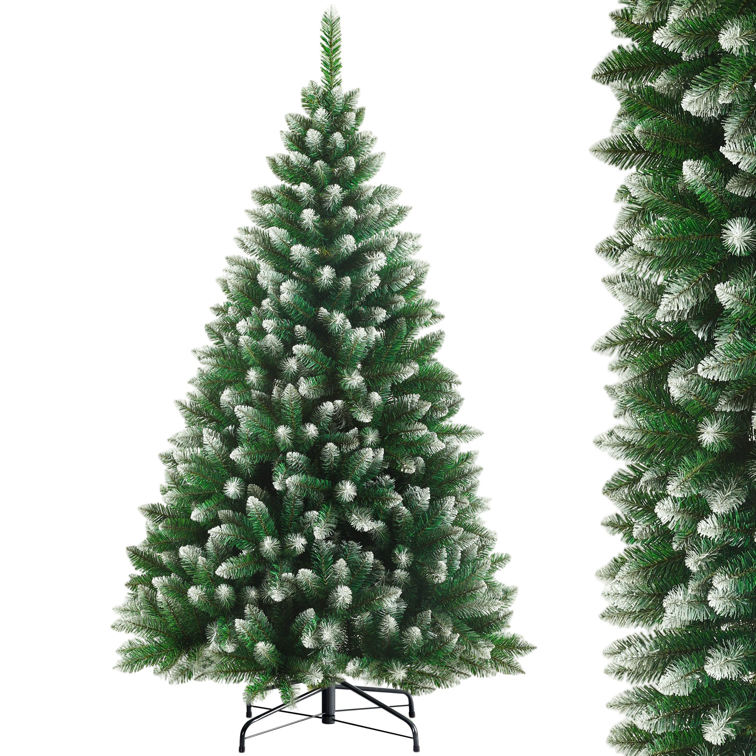 Sinaopus Künstlicher Weihnachtsbaum 120–210 cm Schneespitzen-Tanne, PVC, Lichterkette, 8 Lichtmodi, Grüne Tanne mit Schneespitzen, dichte PVC-Zweige, winterliche Optik, Warmgelbe Lichterkette, 8 Modi, Schneespitzen, formbare Zweige