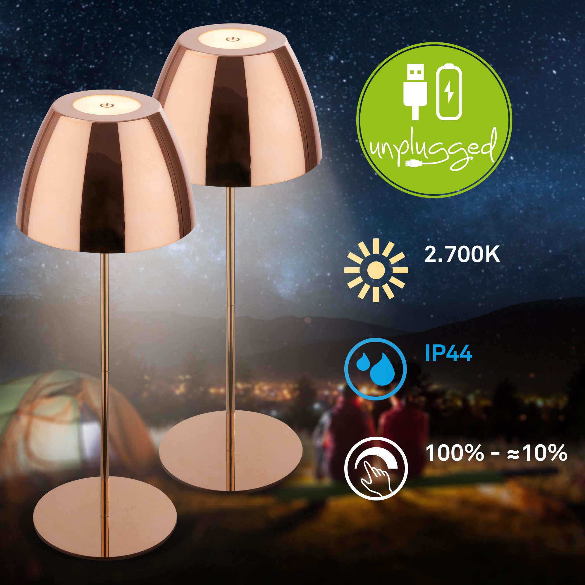 Briloner Leuchten LED Tischleuchte Tischlampe dimmbar Outdoor Akku touch Kabellos 2in1, 2 Stück, LED fest integriert, Warmweiß