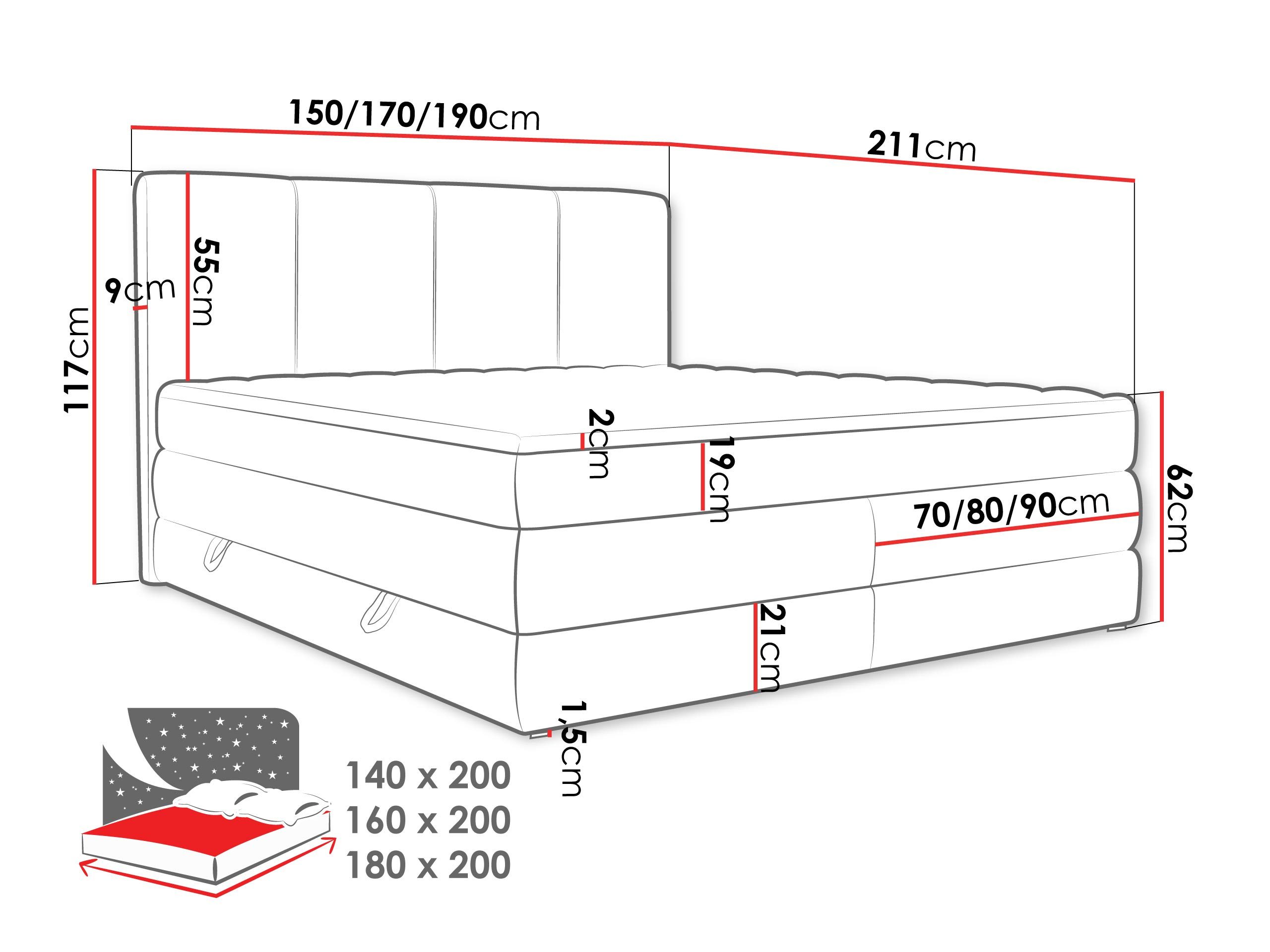 MIRJAN24 Boxspringbett Point (mit zwei Bettkästen), Härtegrad: H3, 140/160/180x200 cm
