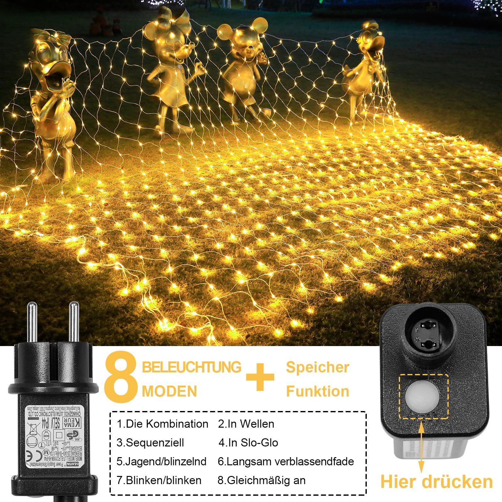 MUPOO LED-Lichternetz LED Lichternetz Warmweiß,6W 8 Modi Energiesparen;Timer-Funktion; Speicher-Funktion Modi 2 Lichteffekt; m, x Lichterkette,3 8 Energiesparen