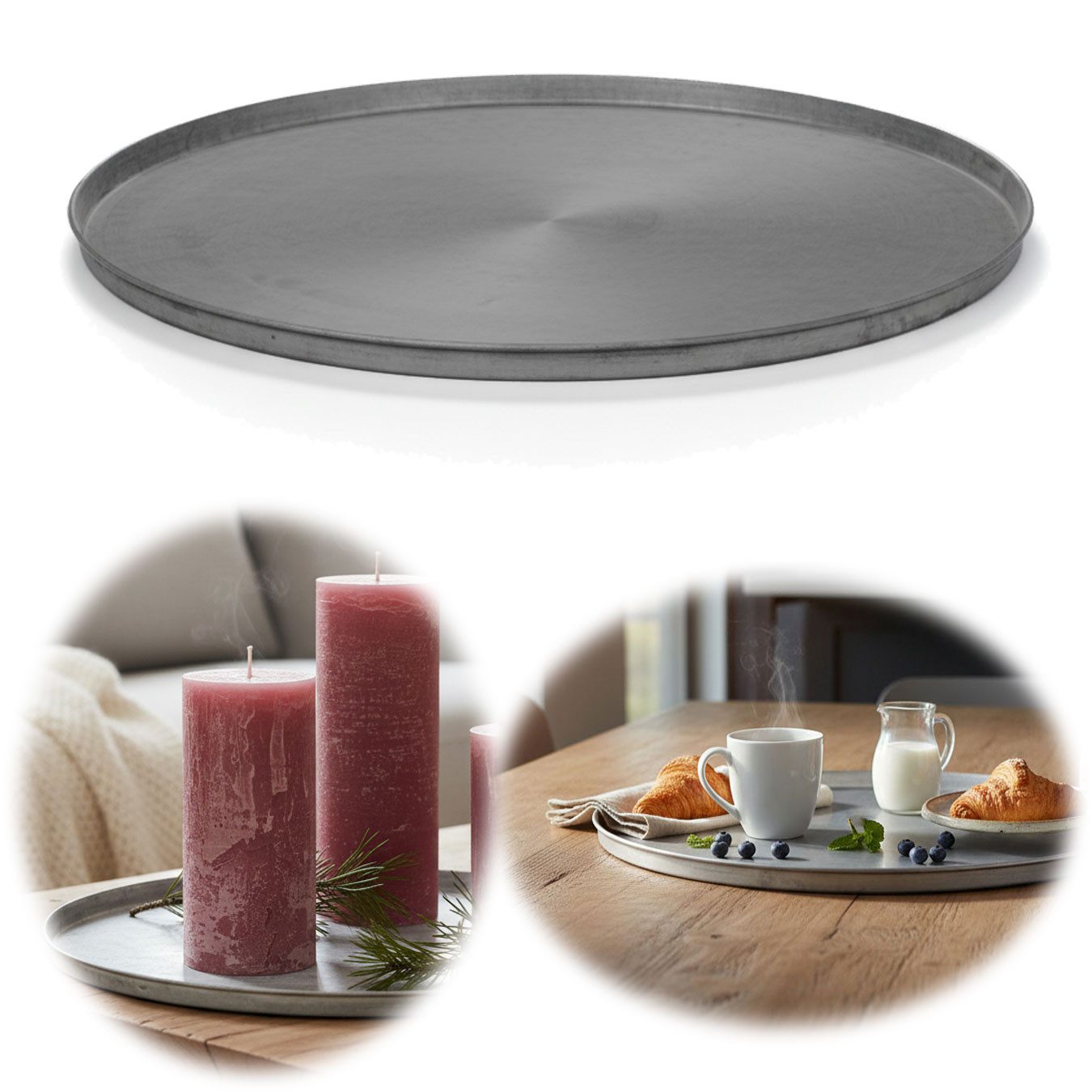 LS-LebenStil Tablett XL Metall Deko Tablett Serviertablett Delhi 38cm Rund Kerzenteller, (Zinktablett Deko-Tablett Küchentablett Frühstückstablett, 1-tlg., Kerzenteller Kerzentablett Teetablett Geschirr Getränke), Deko Schale Teller