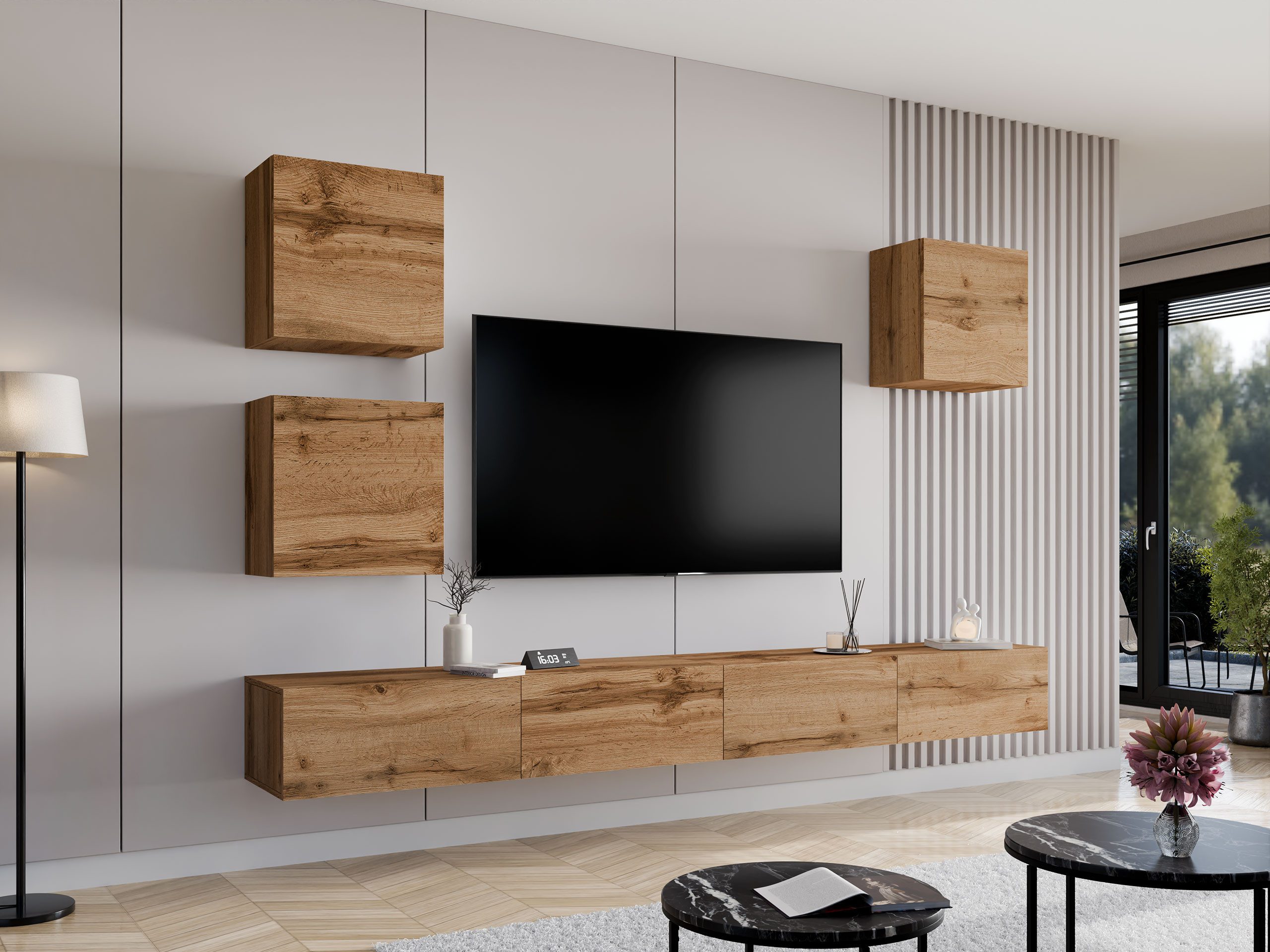 MIRJAN24 Wohnwand Vigo XXII, (5er-Set, 3x Vitrine, 2x TV-Lowboard), grifflosem Öffnen "push to open"