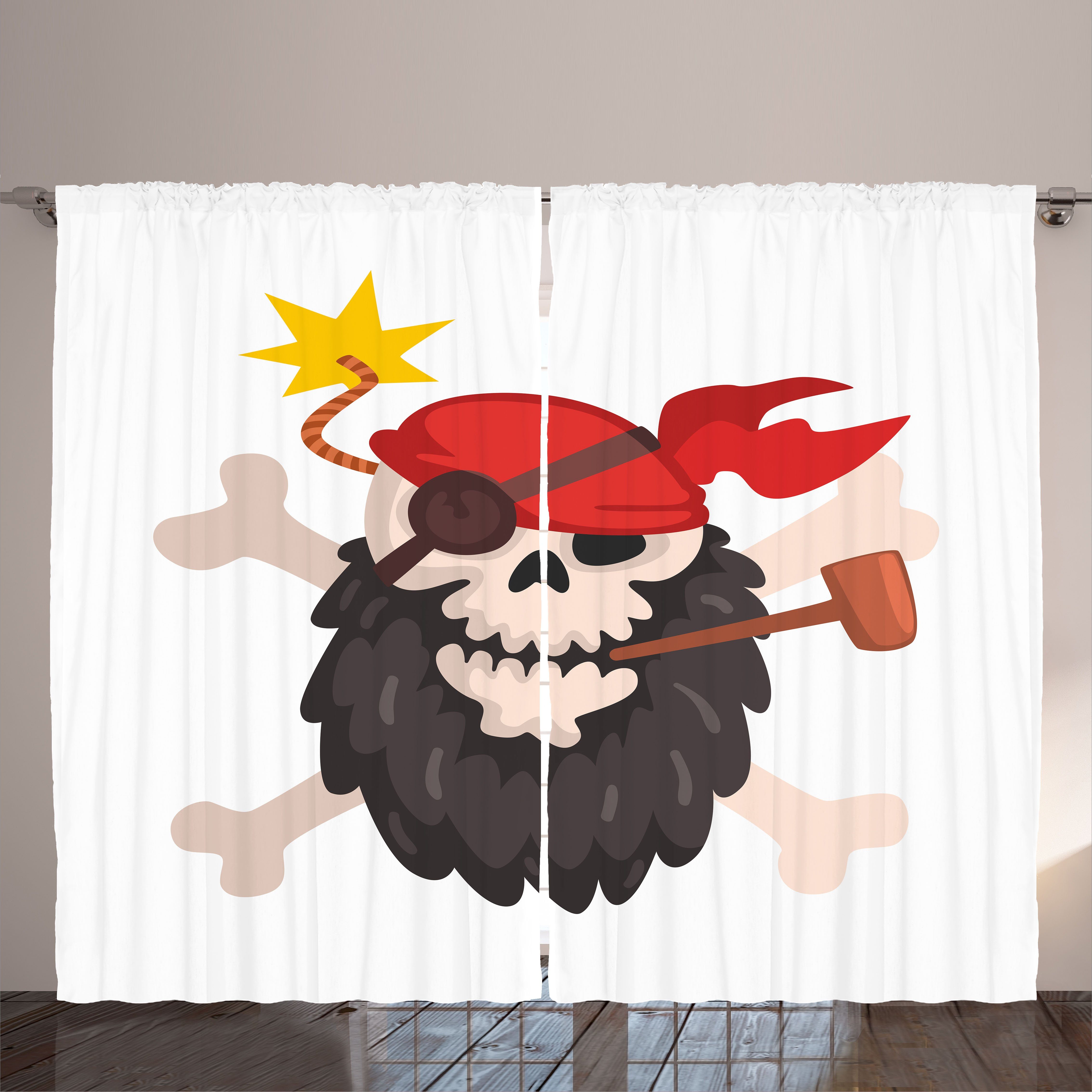 Gardine Schlafzimmer Kräuselband Vorhang mit Schlaufen und Haken, Abakuhaus, Schädel-Rauchen Bearded Jolly Roger