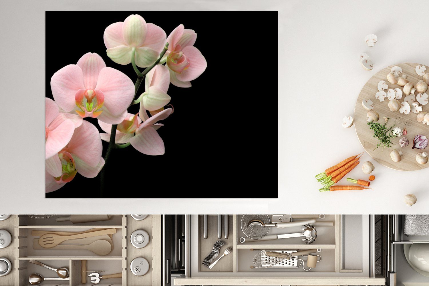 Orchidee Stilleben nutzbar, Mobile cm, - Blumen Rosa (1 Flora, Vinyl, - MuchoWow 65x52 tlg), - Arbeitsfläche Ceranfeldabdeckung - Herdblende-/Abdeckplatte