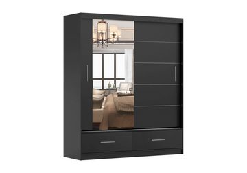 MOEBLO Kleiderschrank FLIX (Schwebetürenschrank 2/3-türig Schrank Garderobe Schiebtüren Schlafzimmer, mit Schubladen, dekorative Sprossen) (BxHxT):150/200/250x218x61cm