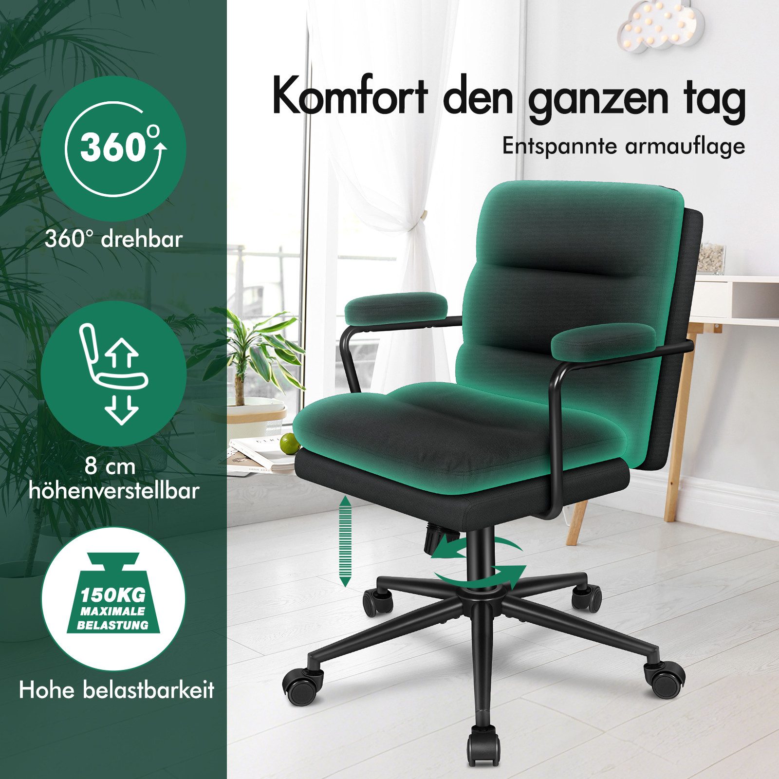 ALFORDSON Bürostuhl ergonomisch mit Lendenstütze, Chenille-Gewebe, Computerstuhl (1 St), Roll-Schwenk-Exekutiv-Armlehnenstuhl, Bequemer Schminkstuhl – Bild 5 von 5