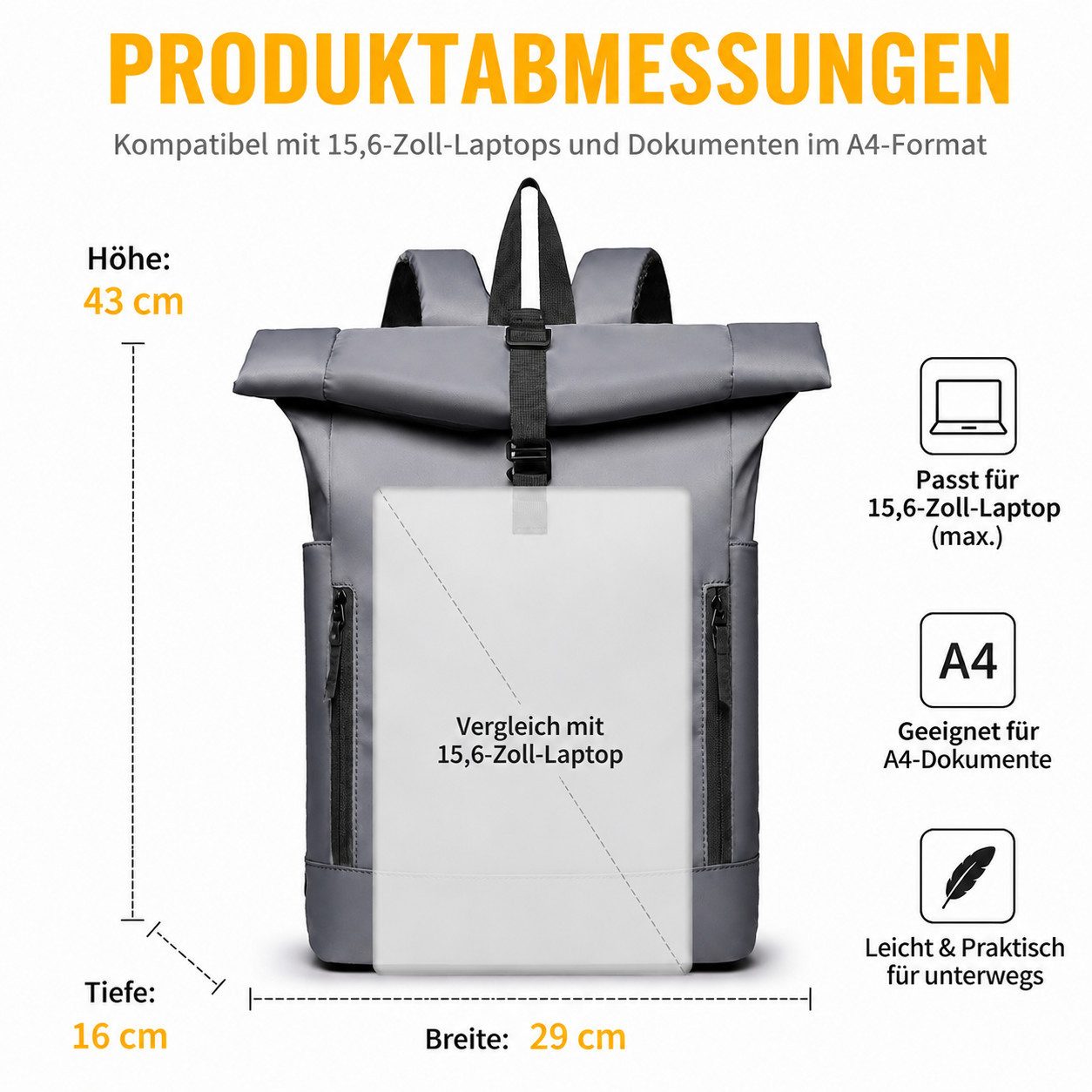 Toomoke Cityrucksack Rolltop Rucksack mit Laptopfach 15,6 Zoll, Unisex Rucksack,Grau (für Büro, Studium und Reisen, Damen & Herren Daypack Freizeitrucksack, Tourenrucksack, Schulrucksack), wasserabweisender Rucksack,43x29x16 cm
