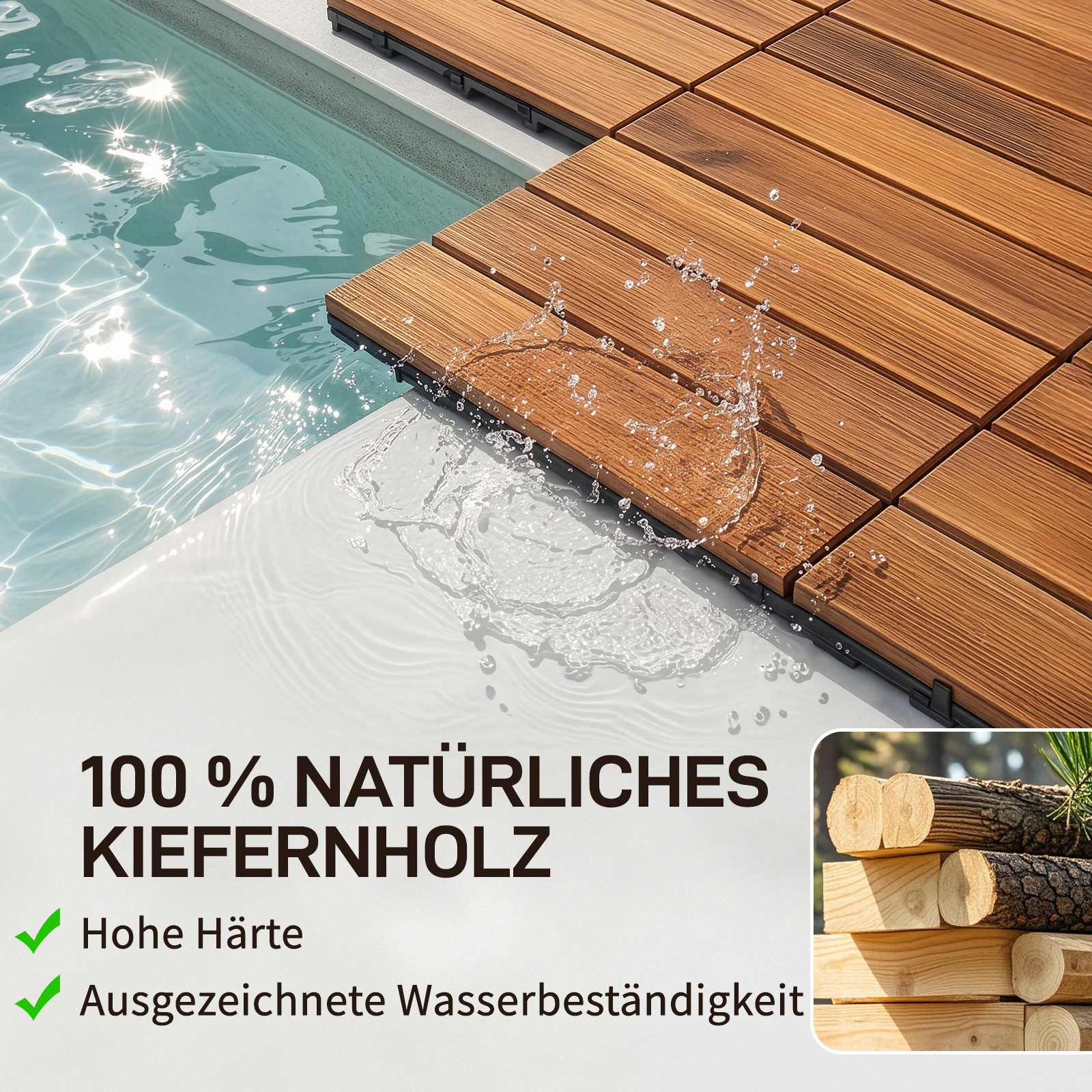 LEADZM Terrassendielen Terrassenfliesen 44er Set Klicksystem 30x30cm, Holz, 4,00 m², BxL: je 30,00x30,00 cm, 2,30 mm Stärke, (44-St), Kiefernholz, wasserabweise – Bild 3 von 5