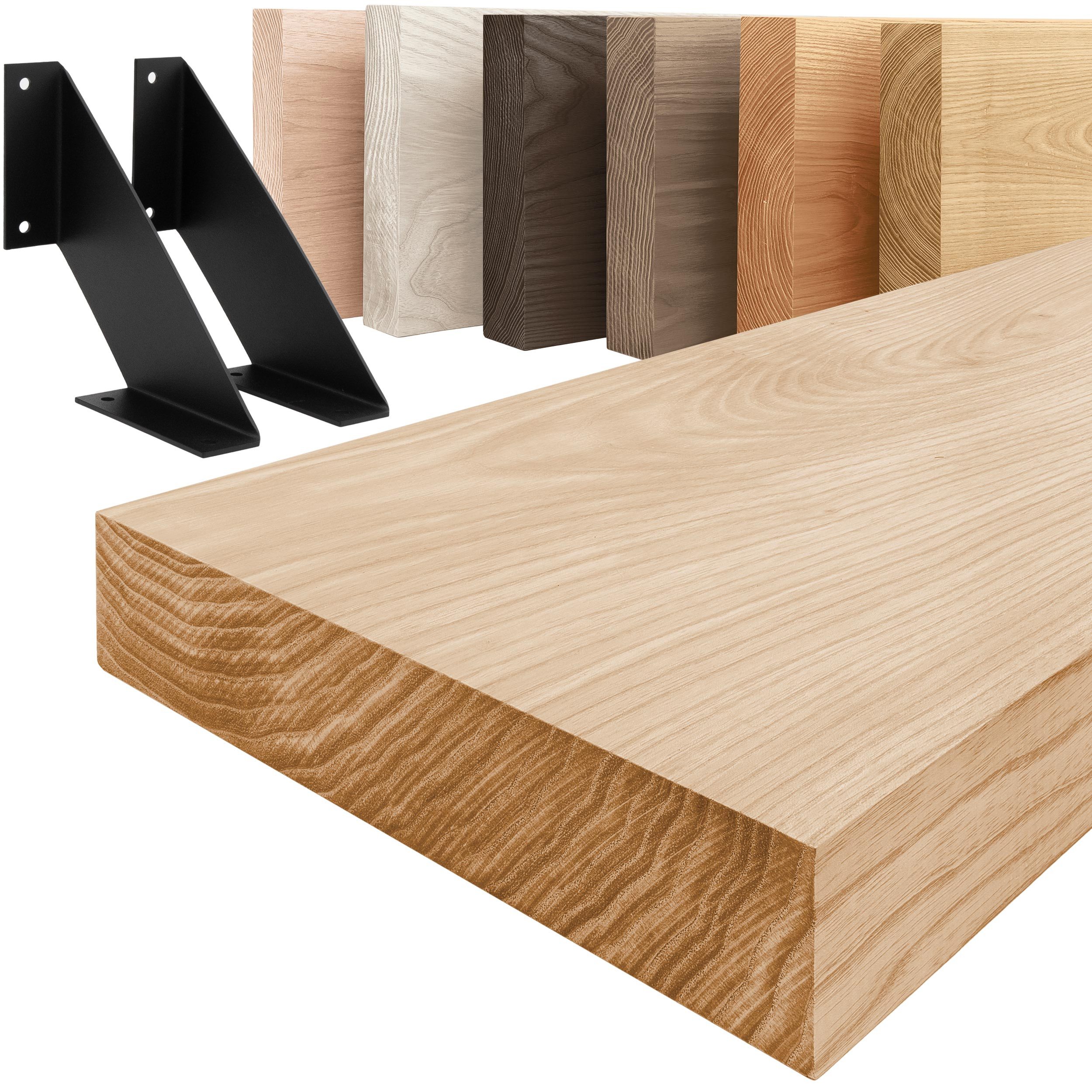 LAMO Manufaktur Wandregal Holz Gerade Regal Farbe: Natur mit schwarzem Vintage Regalträger 40 cm, Komplett-Set, 40mm stake Massivholzplatte