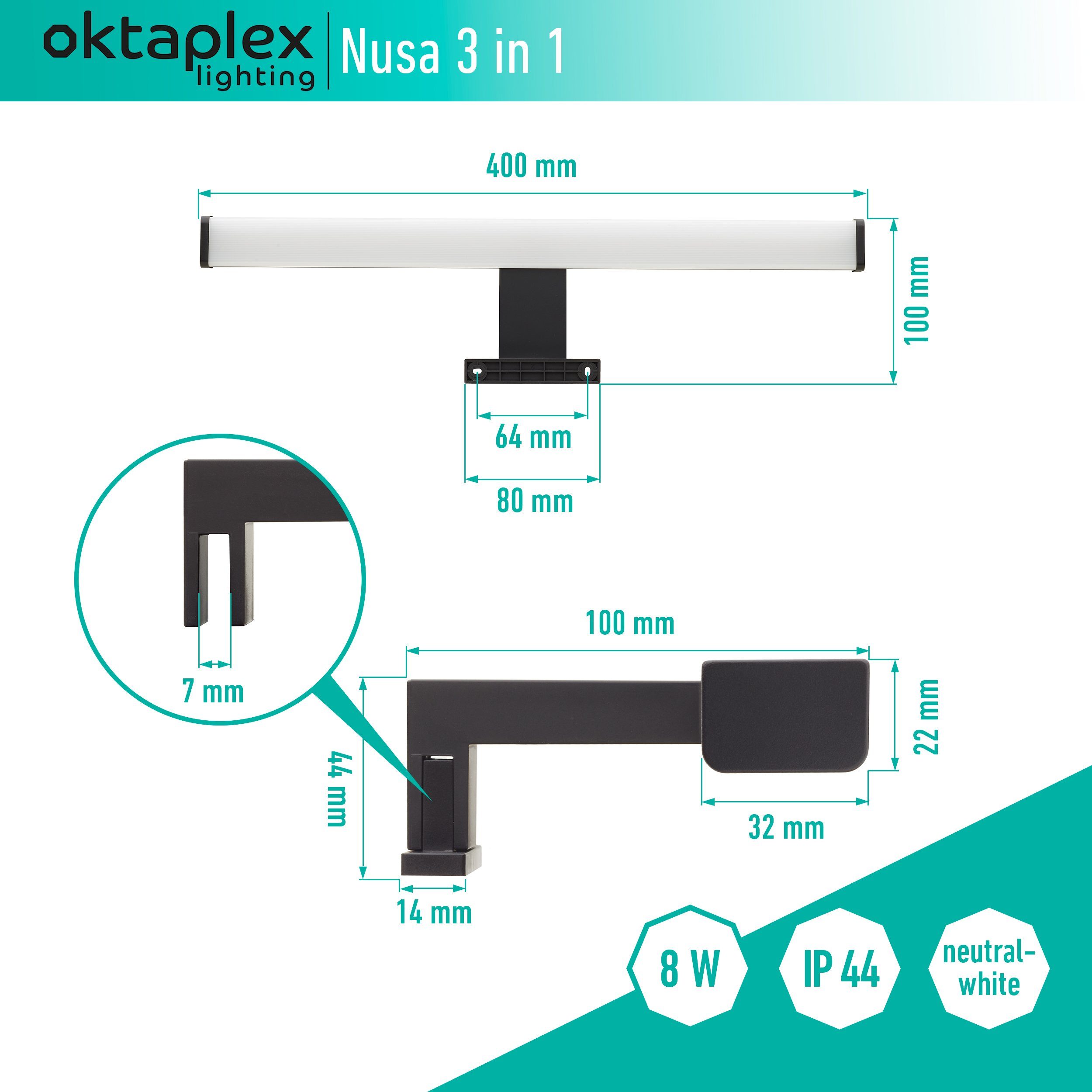 Oktaplex lighting LED Spiegelleuchte Bad Schminklicht 40cm LED 570lm neutralweiß fest 8W, schwarz, 4000K, in Spiegellampe IP44 Nusa 3 verbaut, 1