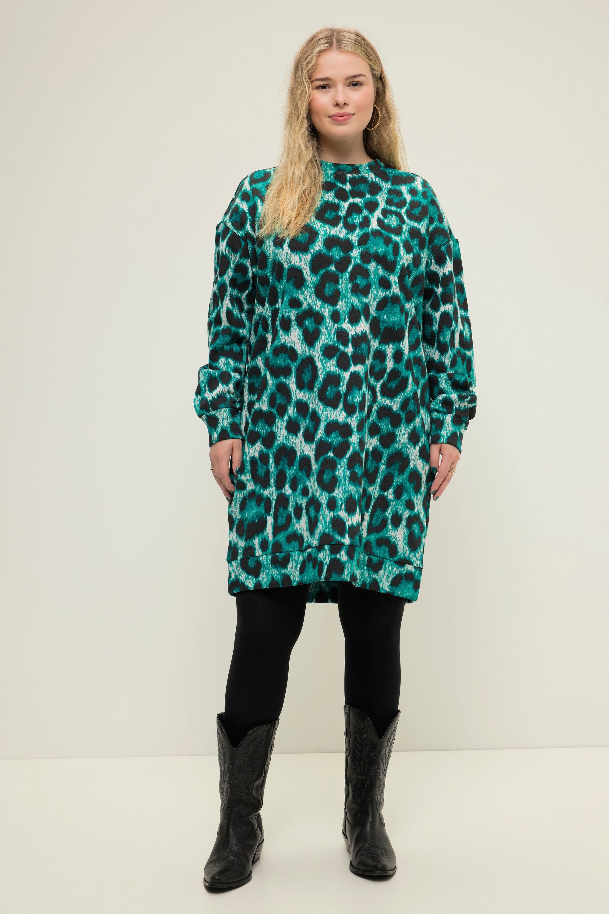 Jerseykleid Sweatkleid oversized Leo Print Rundhals Langarm