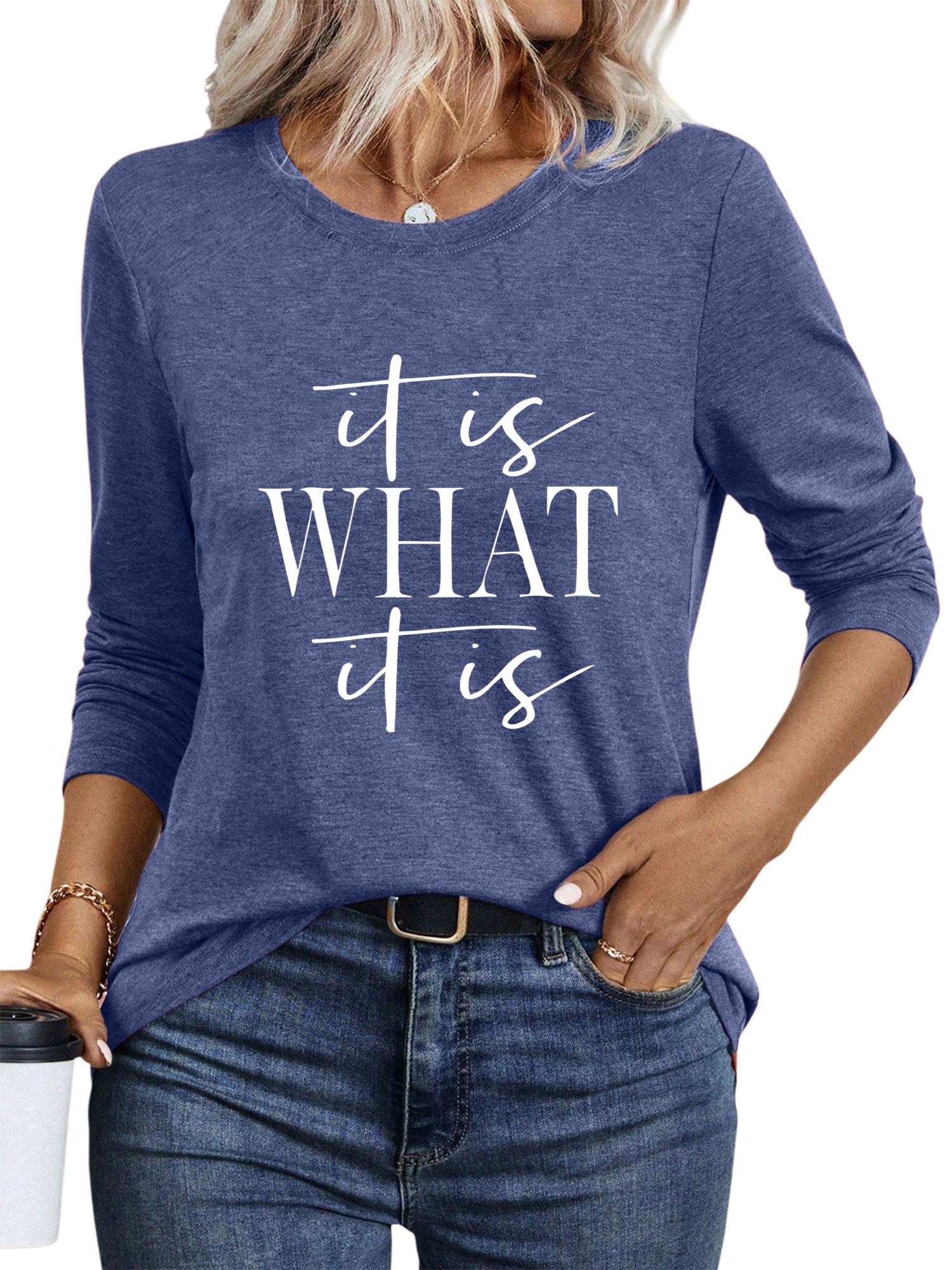 PYLIKE Longsleeve Damen bequemes Basic Rundhalsshirt mit Brief Print Langarmshirt Geeignet für den täglichen Gebrauch im Büro und zu Hause