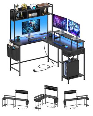 MSMASK Computertisch L-förmiger Eckschreibtisch mit Bücherregal und Monitorständer, Reversibel Schreibtisch, Gaming Tisch mit 2 LED und Steckdose