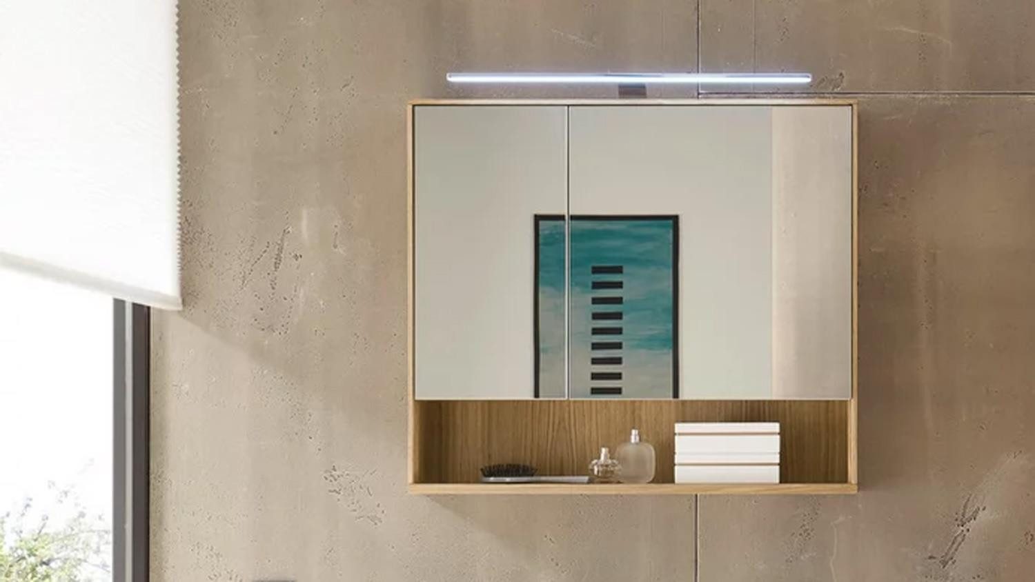 Bega Consult Badezimmerspiegelschrank Bad Spiegelschrank YUKON Eiche mit LED und Steckdose 80x70x15