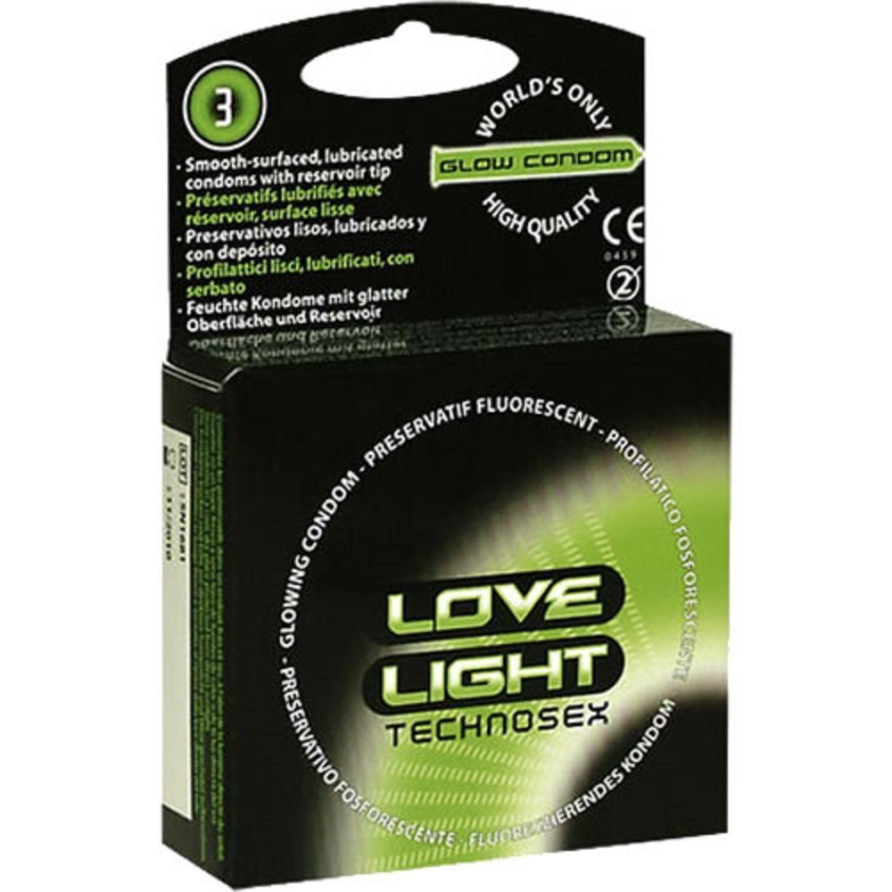 Sugant Kondome Love Light Glow - TECHNOSEX Packung mit, 3 St., Kondome, die im Dunkeln leuchten, Leuchtkondome mit fluoreszierendem Effekt