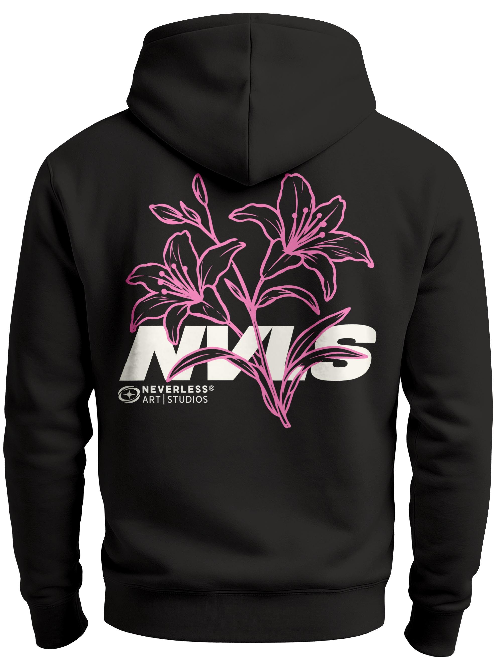 Neverless Hoodie Herren Hoodie Backprint Lilien Floral Line Art NVLS Logo Neverless®