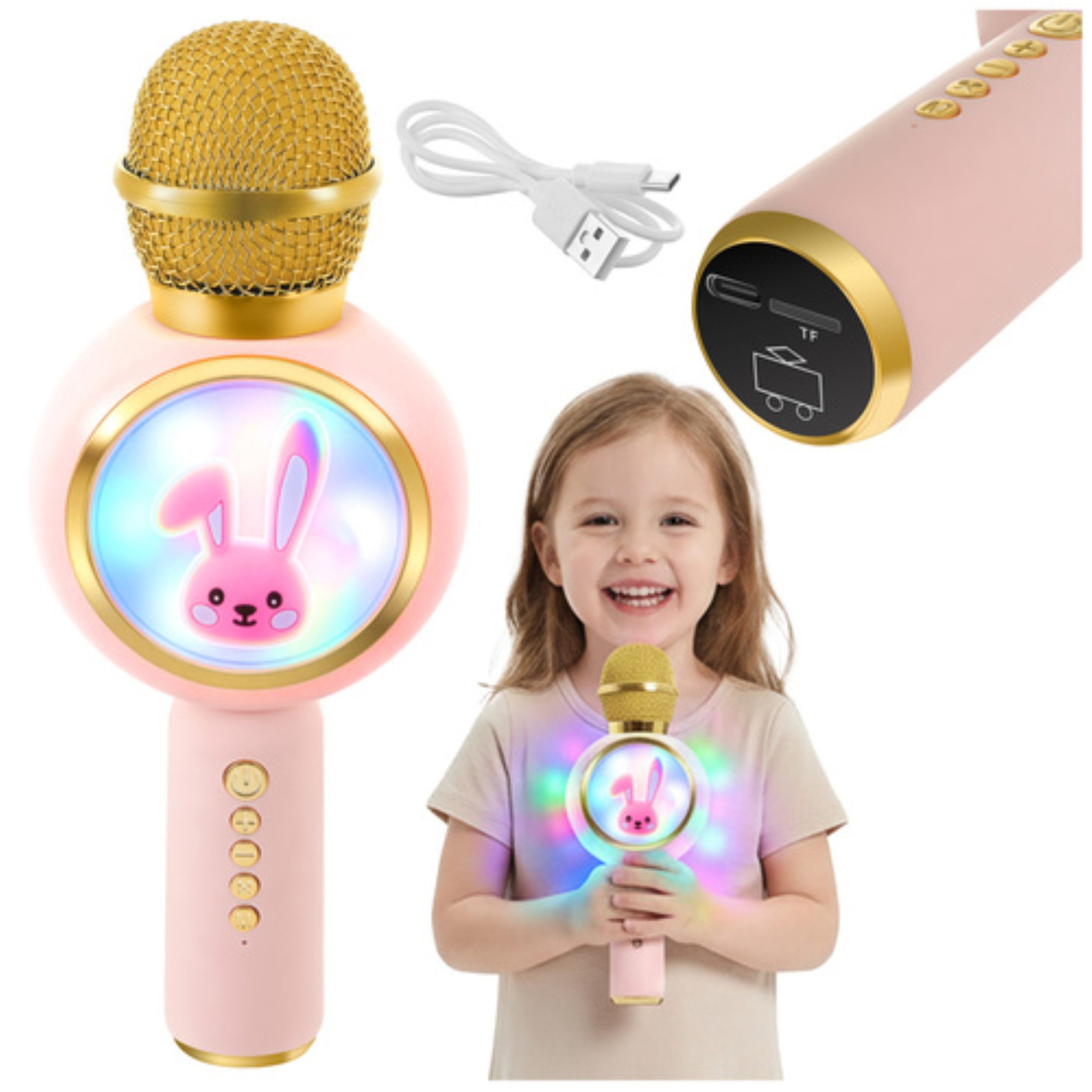 IZOXIS Mikrofon Kabelloses Bluetooth-Karaoke-Mikrofon für Kinder mit Hasenlautsprecher (Kabelloses Bluetooth-Kinder-Mikrofon Hasenmotiv, 800-mAh Akku), Kabellos, kinderfreundlich, Hasenmotiv