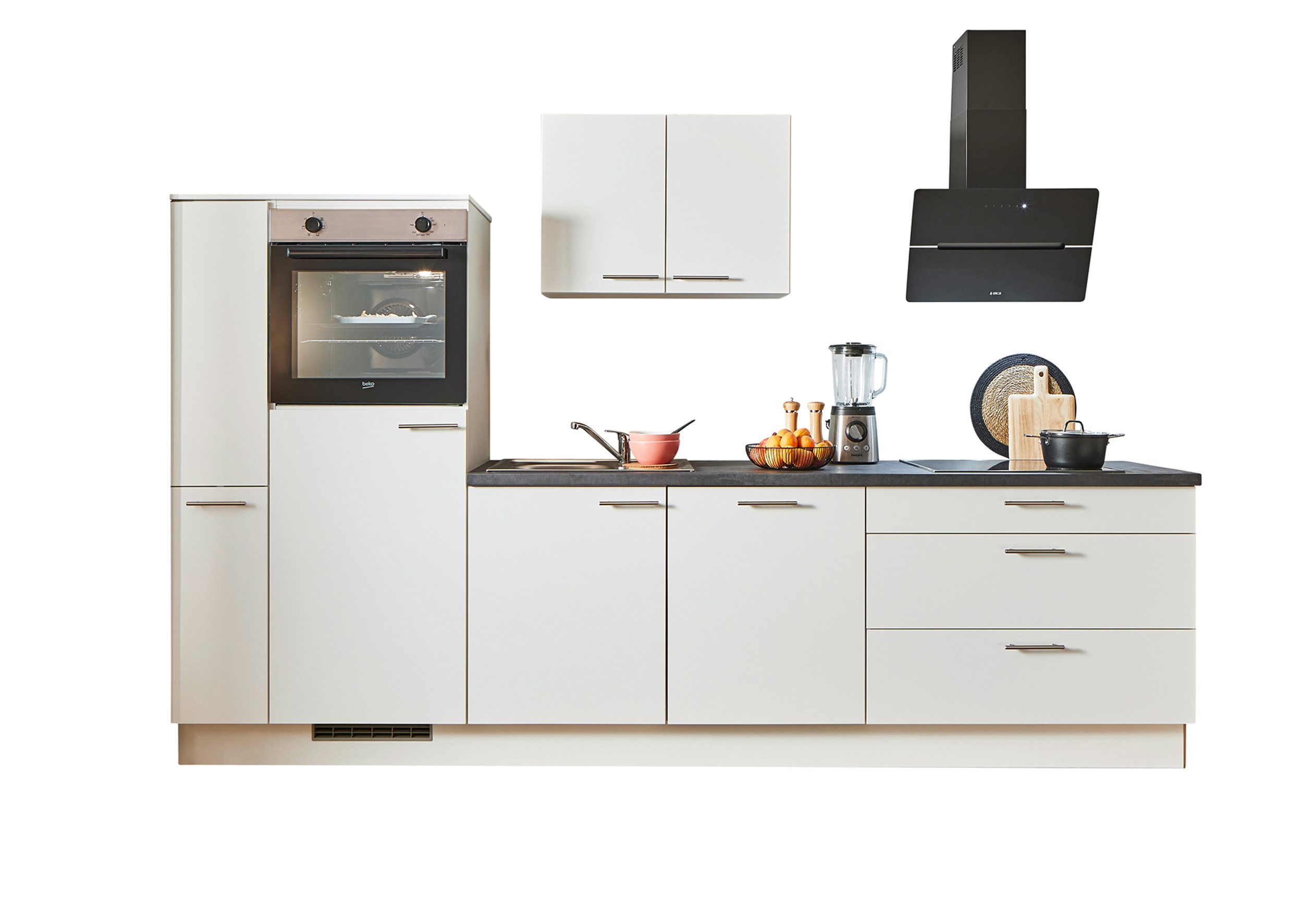 Front: Weiß | Korpus: Weiß | Arbeitsplatte: Beton Grafitgrau